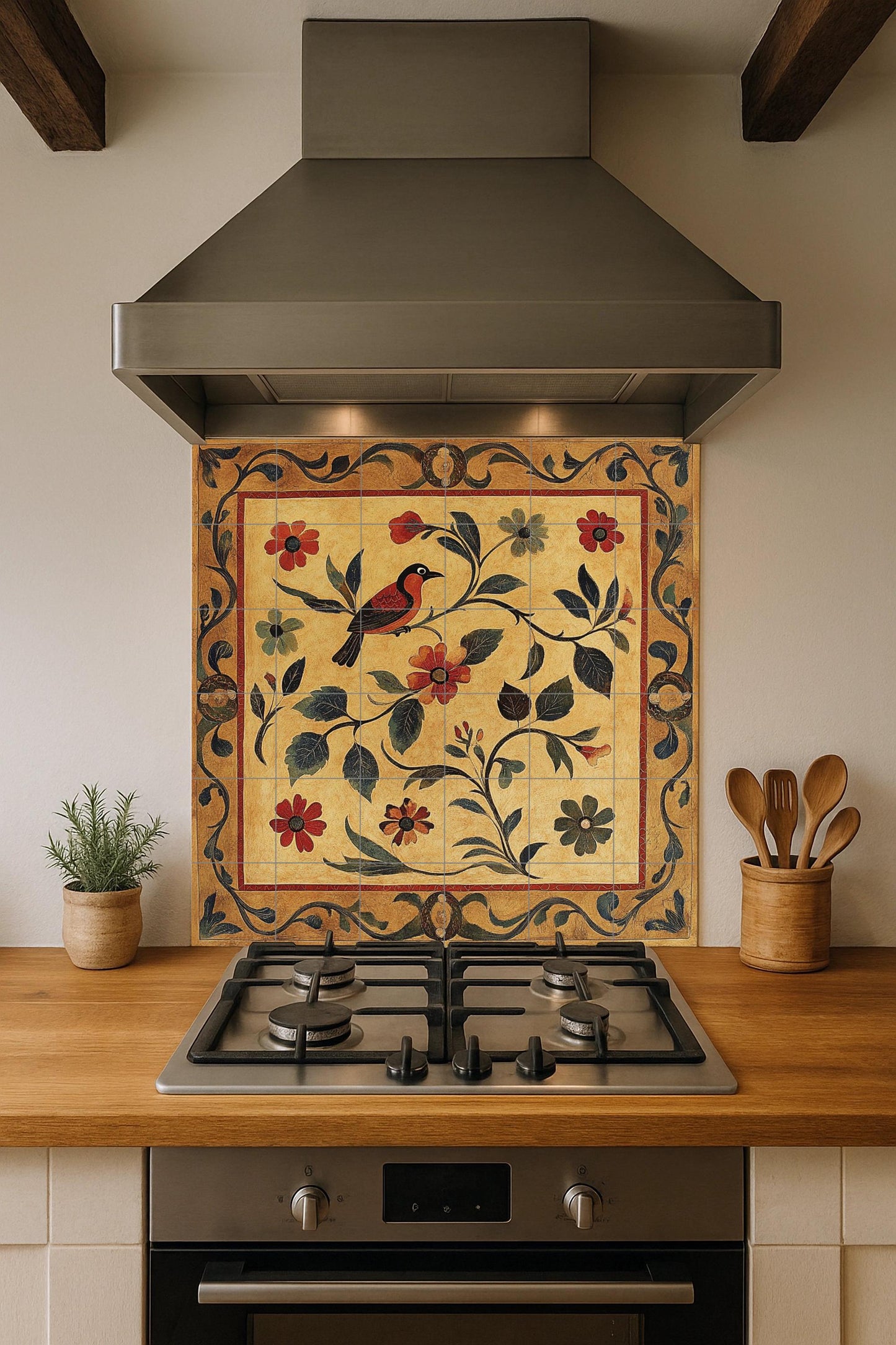 Golden ceramic mural: handcrafted artwork with floral and bird motifs, ornamental frame, warm earth tones and decorative elegance.