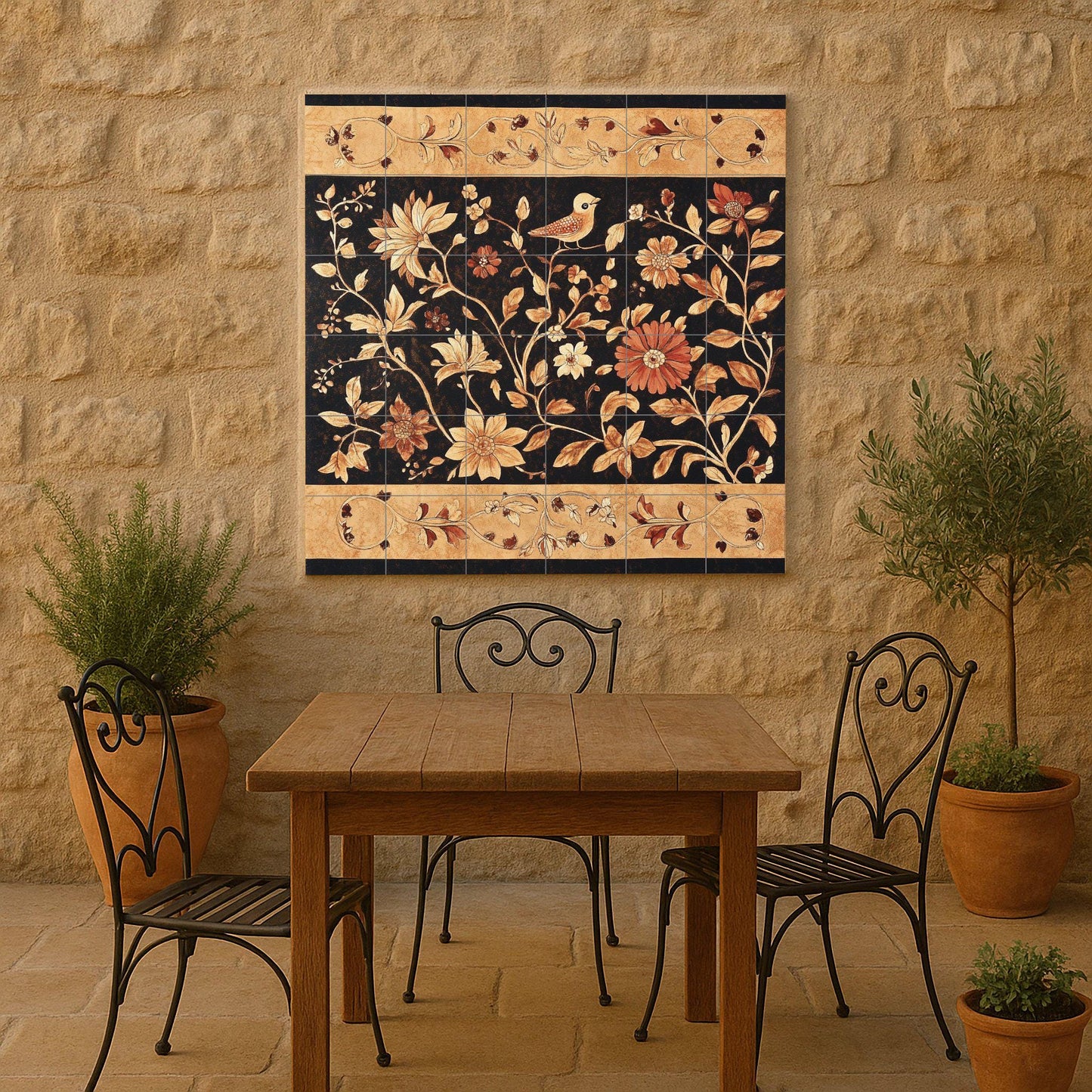 Indonesian batik ceramic mural: artwork featuring floral and bird tiles in earthy tones, canting style borders and elegant wax-resistant decoration.