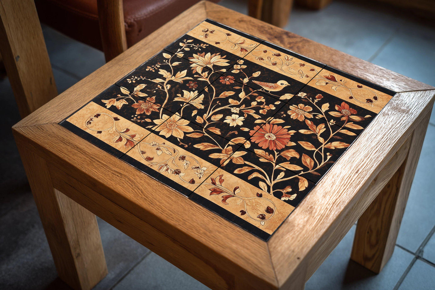 Indonesian batik ceramic mural: artwork featuring floral and bird tiles in earthy tones, canting style borders and elegant wax-resistant decoration.