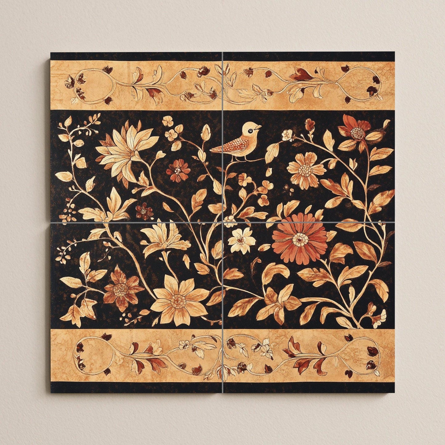 Indonesian batik ceramic mural: artwork featuring floral and bird tiles in earthy tones, canting style borders and elegant wax-resistant decoration.