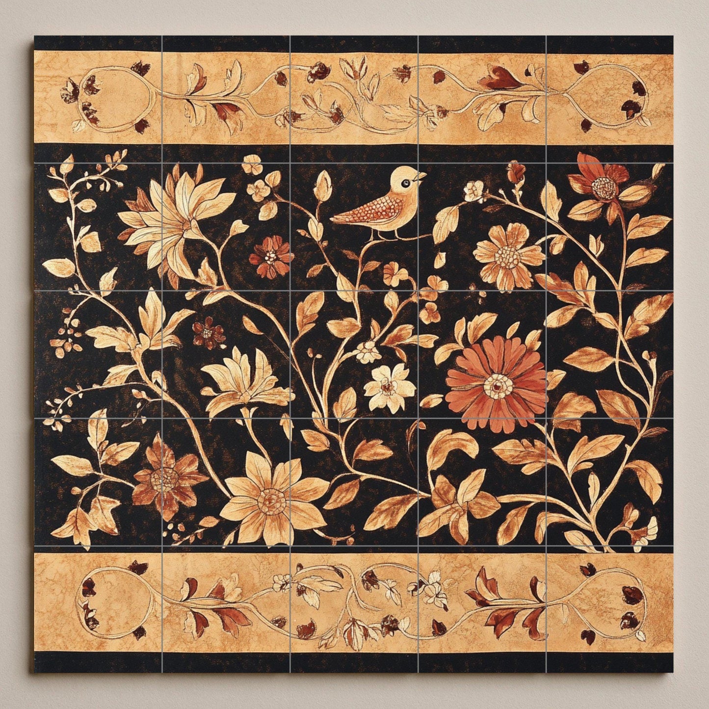Indonesian batik ceramic mural: artwork featuring floral and bird tiles in earthy tones, canting style borders and elegant wax-resistant decoration.