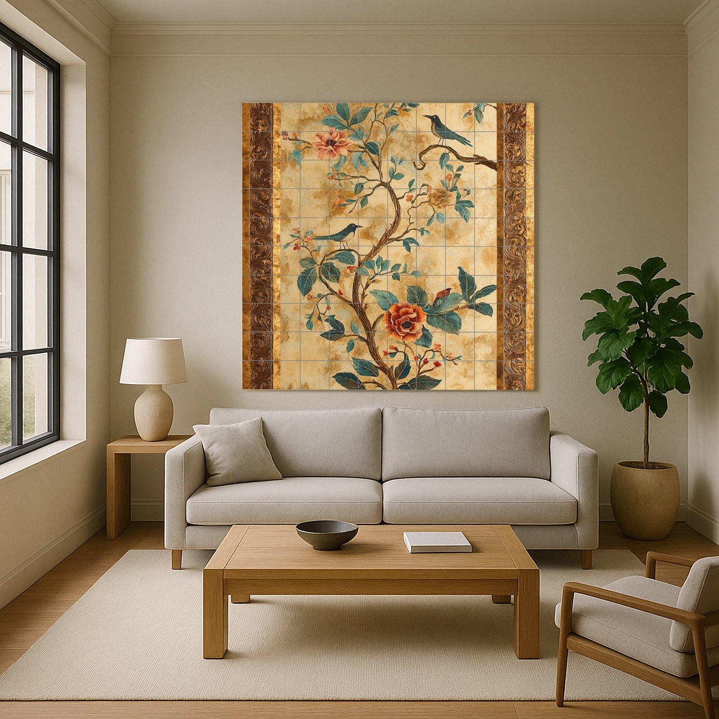Ceramic mural with flowers and birds: elegant chinoiserie-inspired tile artwork with botanical motifs, songbirds and ornamental gold frame.