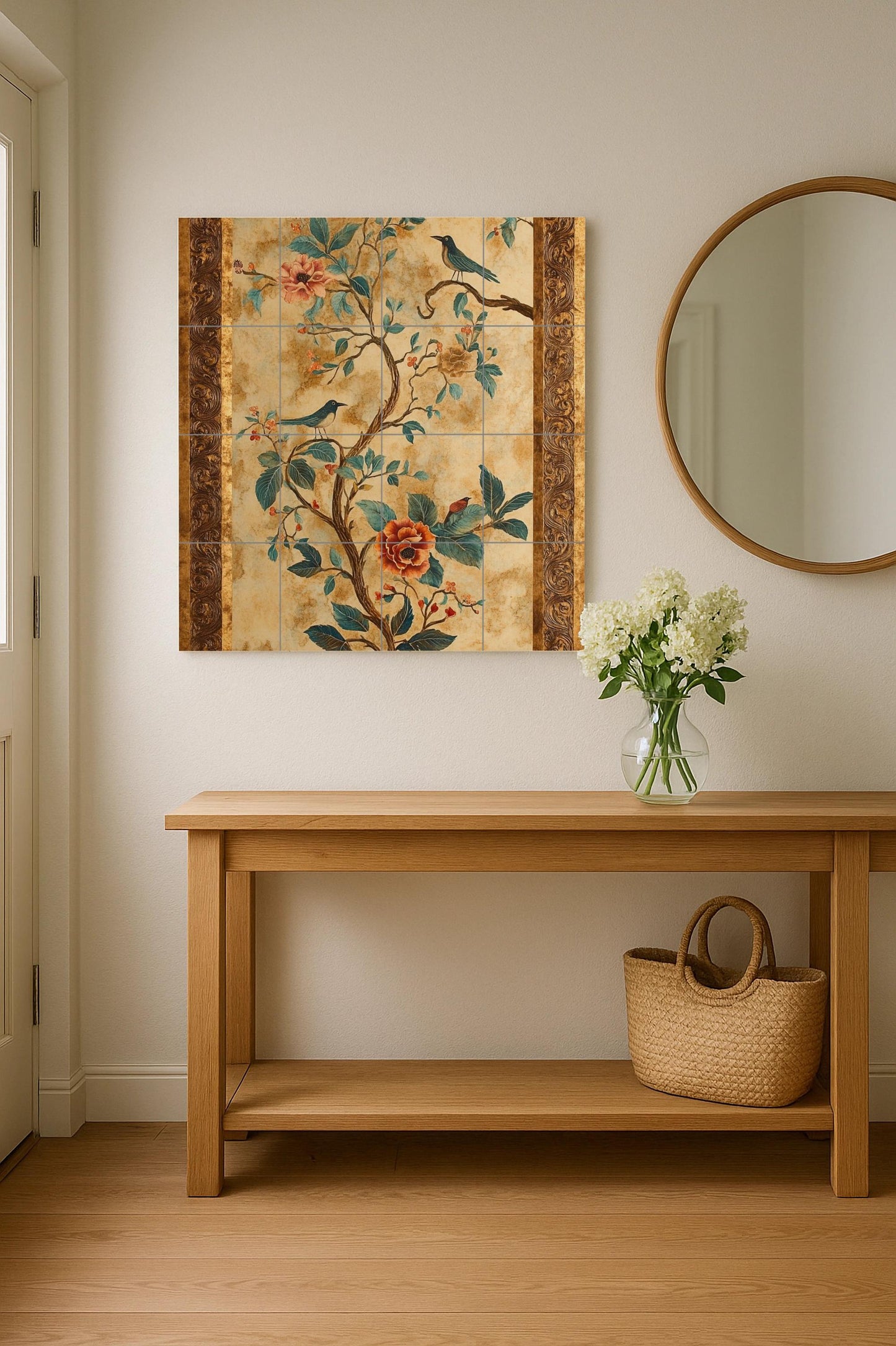 Ceramic mural with flowers and birds: elegant chinoiserie-inspired tile artwork with botanical motifs, songbirds and ornamental gold frame.