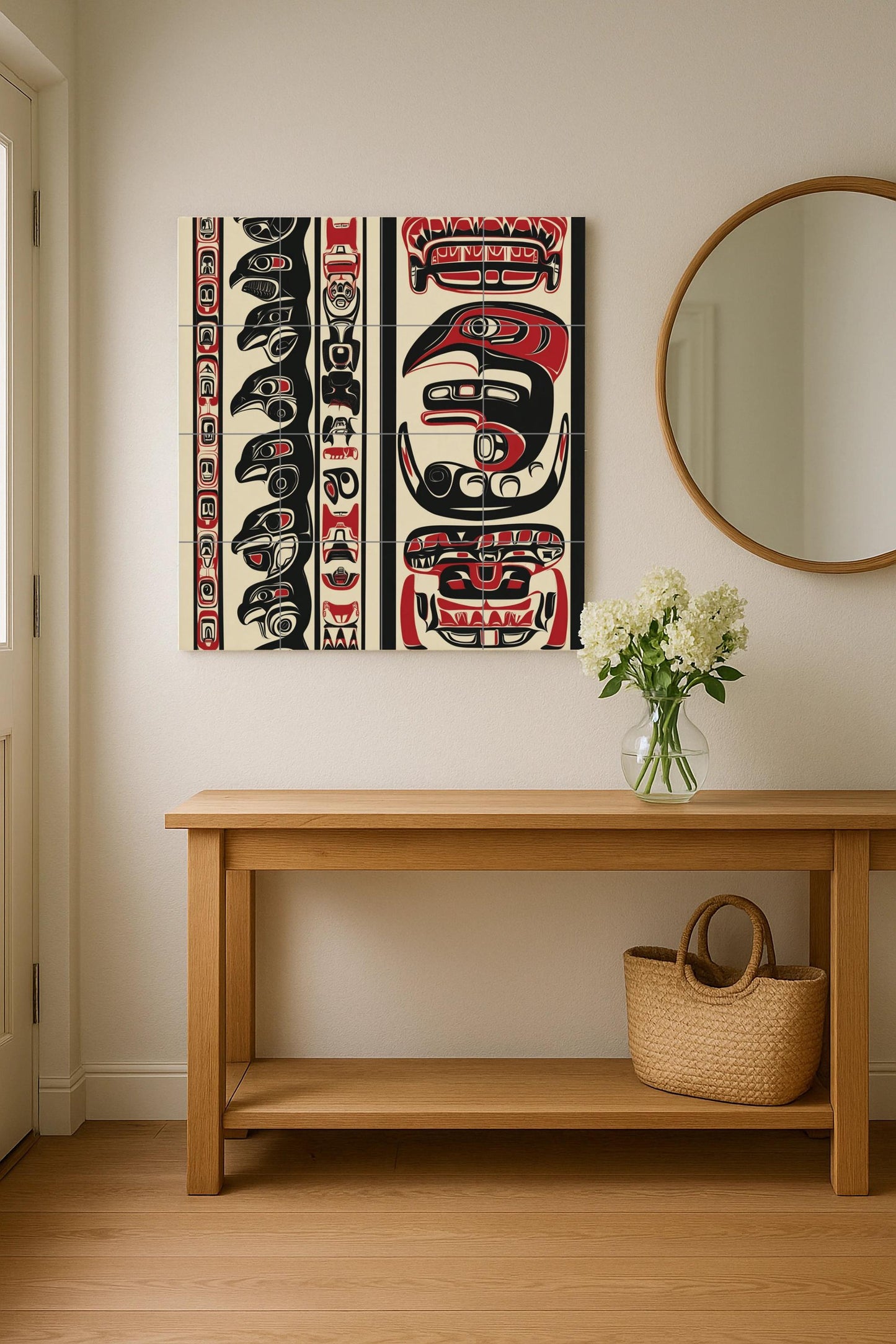 Inuit-inspired ceramic mural: mosaic artwork featuring northern animal motifs, bold black and red patterns, and tribal details on the edges.