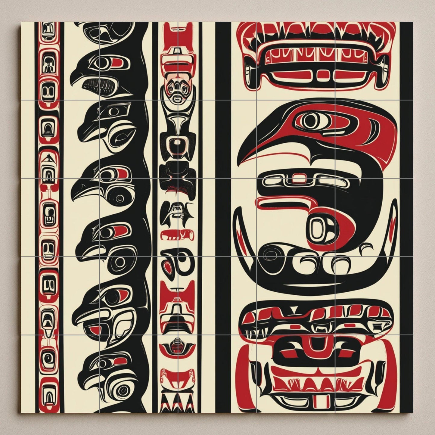 Inuit-inspired ceramic mural: mosaic artwork featuring northern animal motifs, bold black and red patterns, and tribal details on the edges.