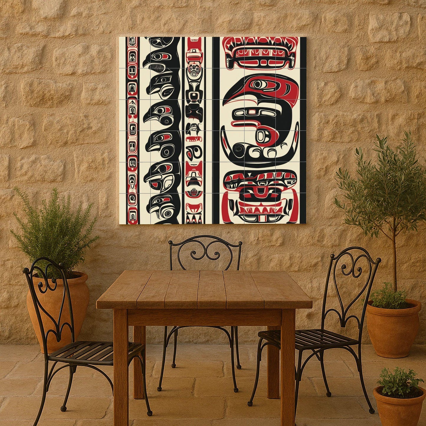 Inuit-inspired ceramic mural: mosaic artwork featuring northern animal motifs, bold black and red patterns, and tribal details on the edges.