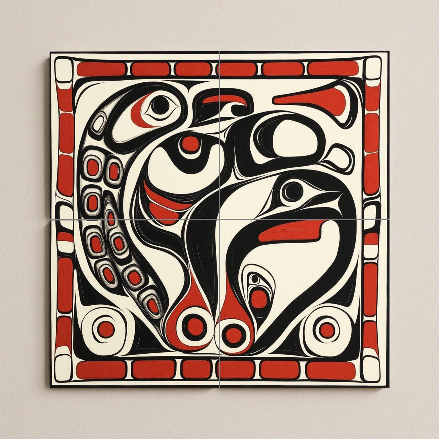 Inuit-inspired ceramic mural: mosaic artwork featuring northern animal motifs, bold black and red patterns, and tribal details on the edges.