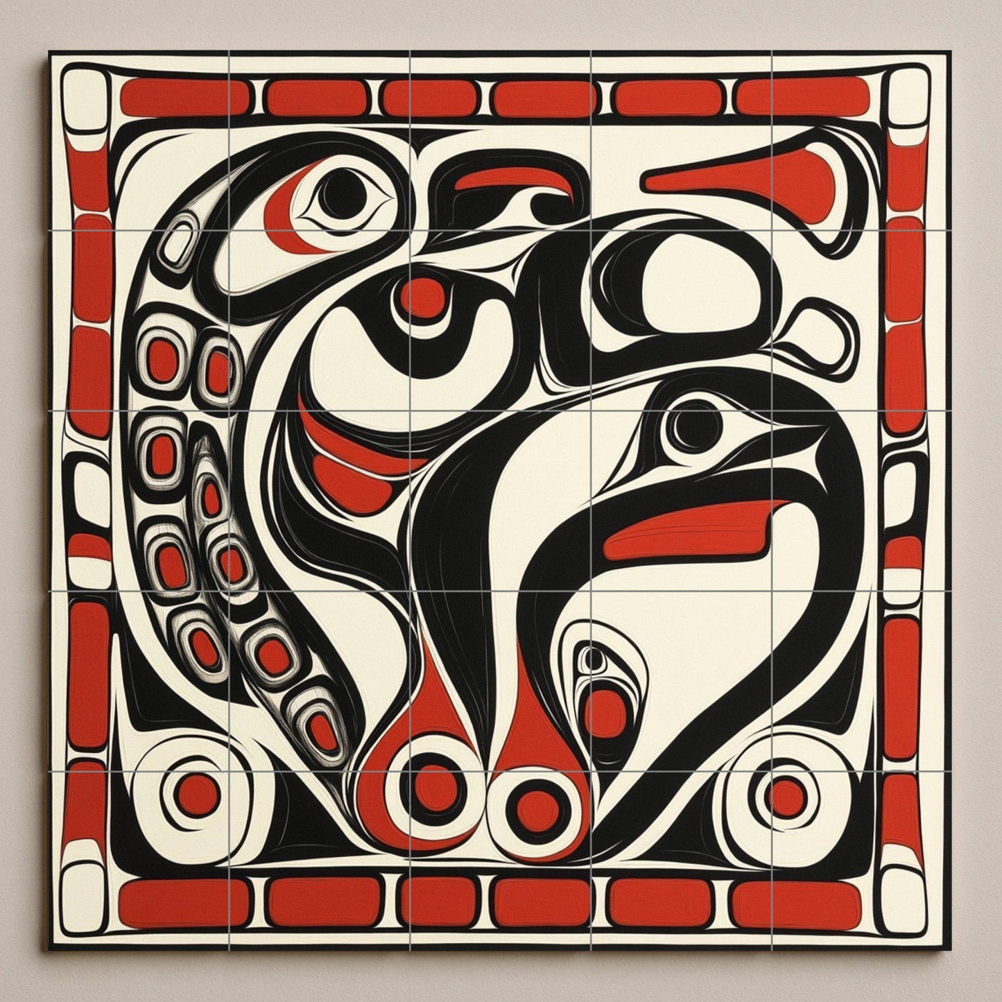 Inuit-inspired ceramic mural: mosaic artwork featuring northern animal motifs, bold black and red patterns, and tribal details on the edges.