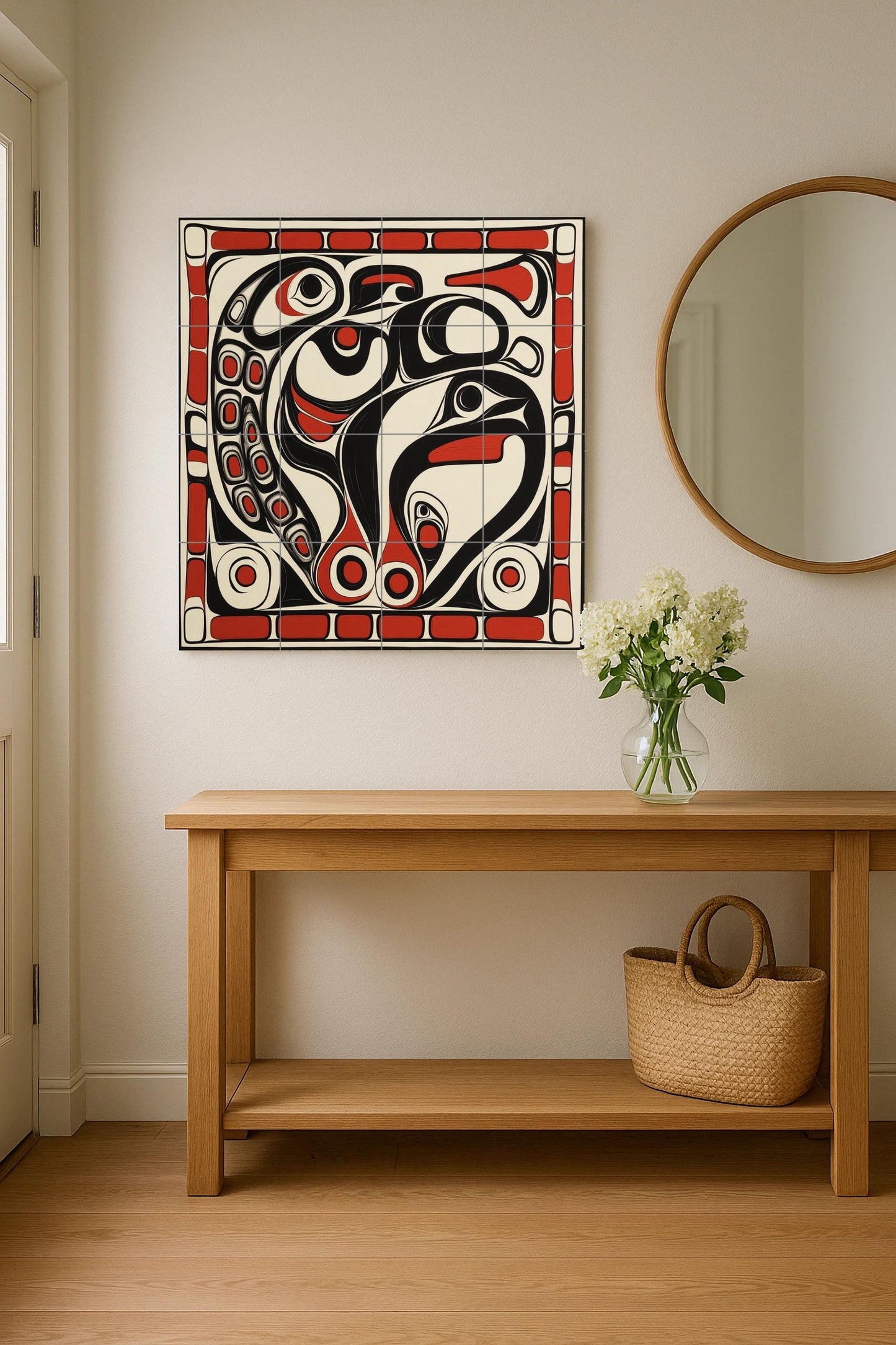 Inuit-inspired ceramic mural: mosaic artwork featuring northern animal motifs, bold black and red patterns, and tribal details on the edges.