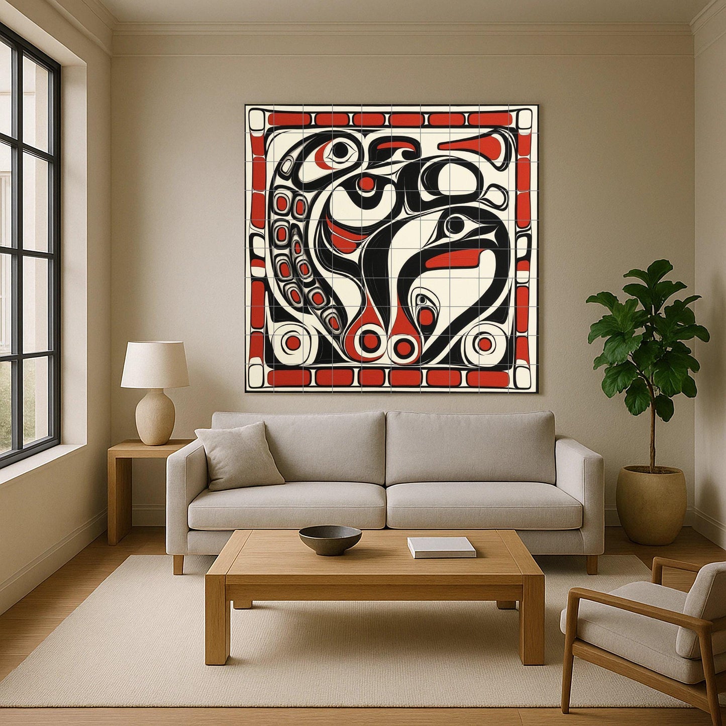Inuit-inspired ceramic mural: mosaic artwork featuring northern animal motifs, bold black and red patterns, and tribal details on the edges.