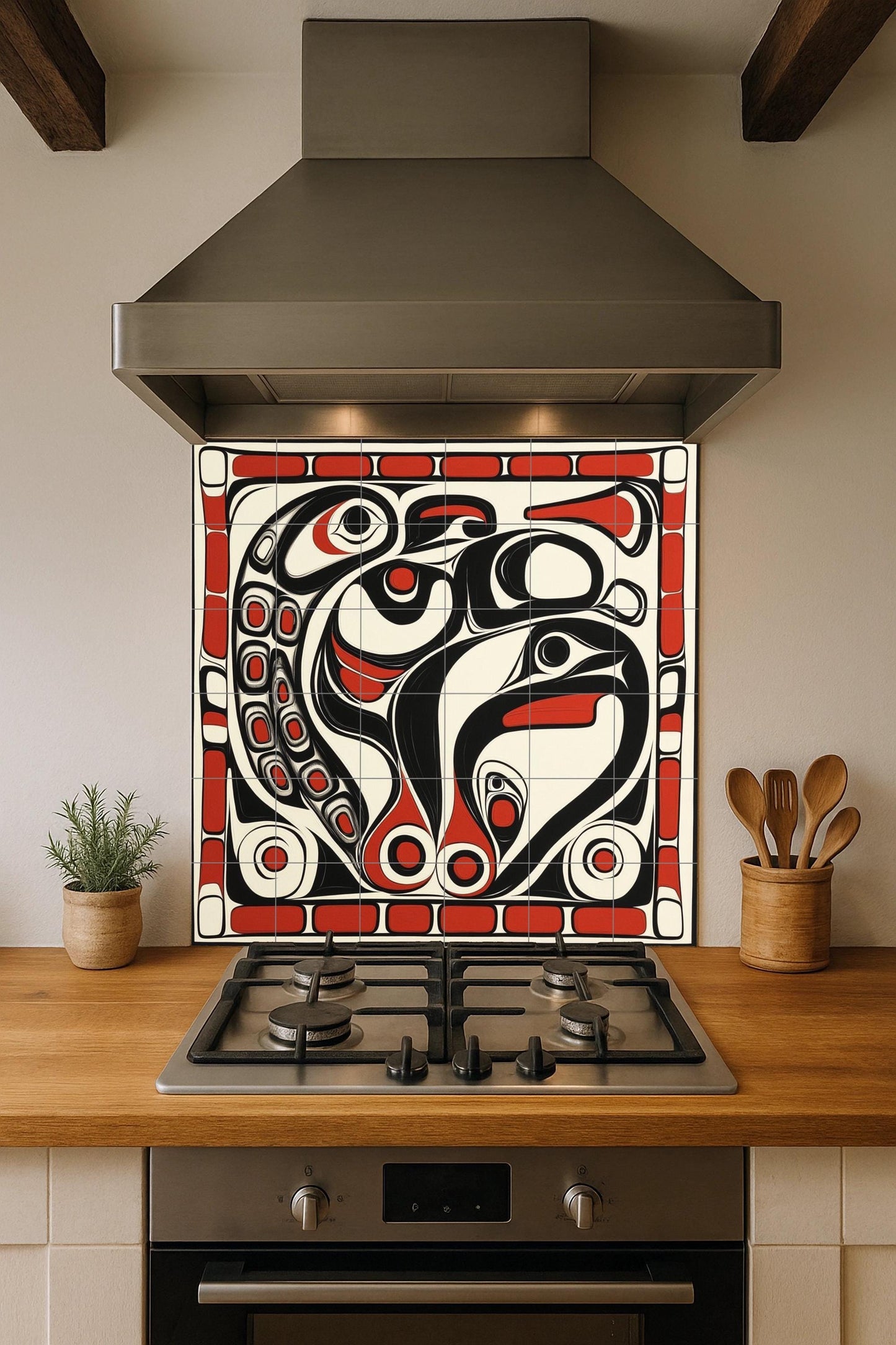Inuit-inspired ceramic mural: mosaic artwork featuring northern animal motifs, bold black and red patterns, and tribal details on the edges.