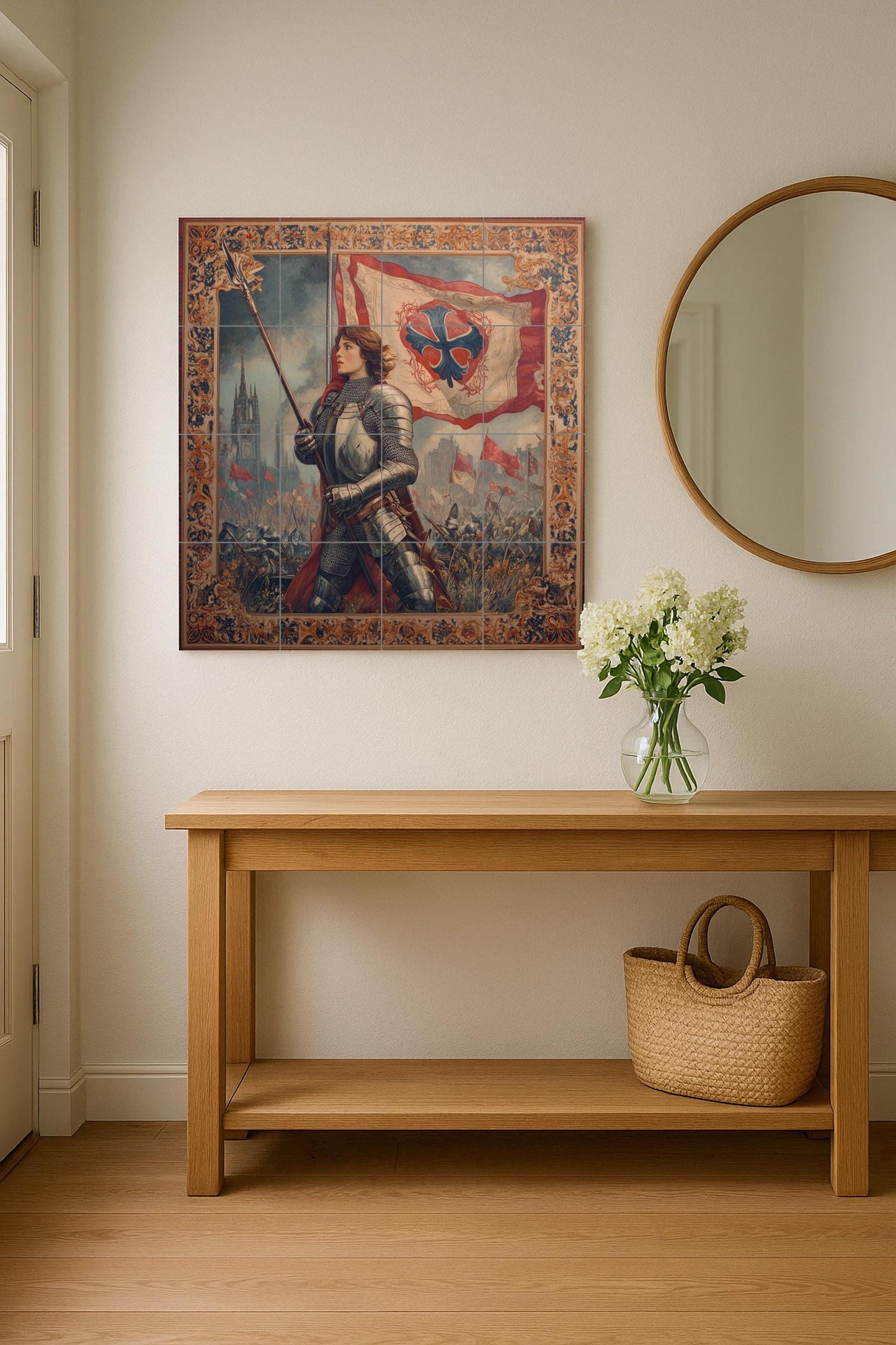 Ceramic mural of Joan of Arc: artwork of a medieval heroine with historical battle scene, Gothic cathedral background and ornamental frame.