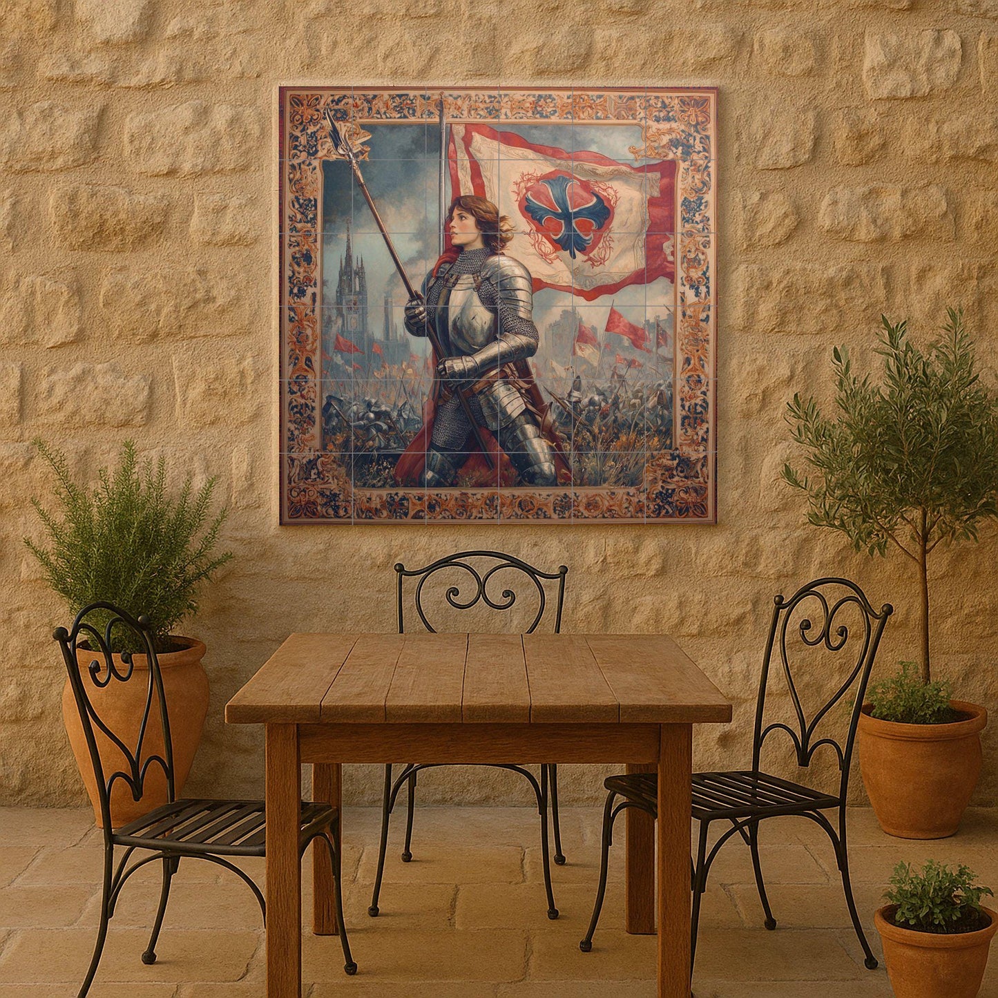 Ceramic mural of Joan of Arc: artwork of a medieval heroine with historical battle scene, Gothic cathedral background and ornamental frame.