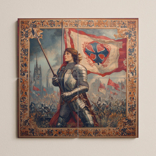 Ceramic mural of Joan of Arc: artwork of a medieval heroine with historical battle scene, Gothic cathedral background and ornamental frame.