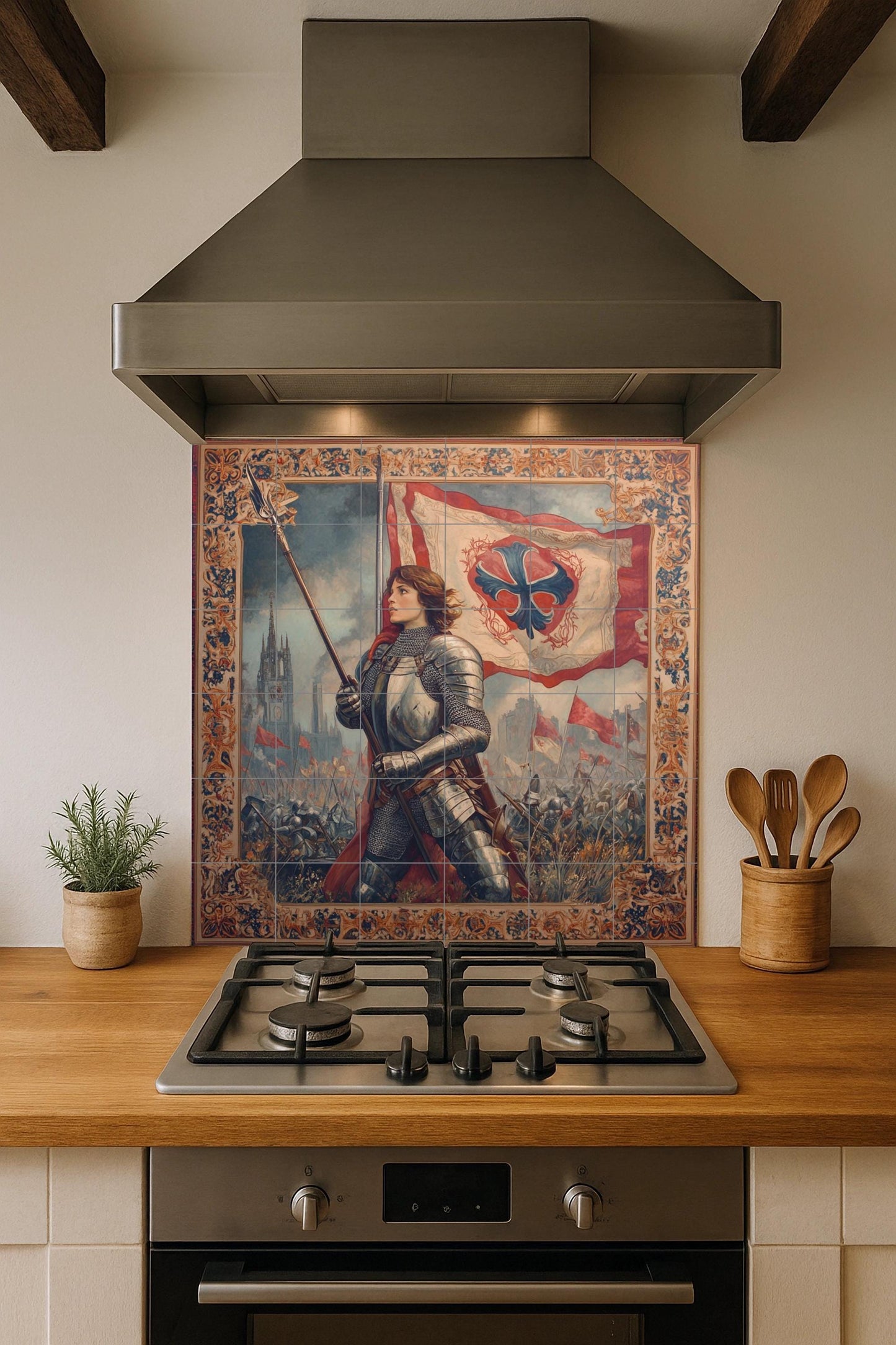 Ceramic mural of Joan of Arc: artwork of a medieval heroine with historical battle scene, Gothic cathedral background and ornamental frame.