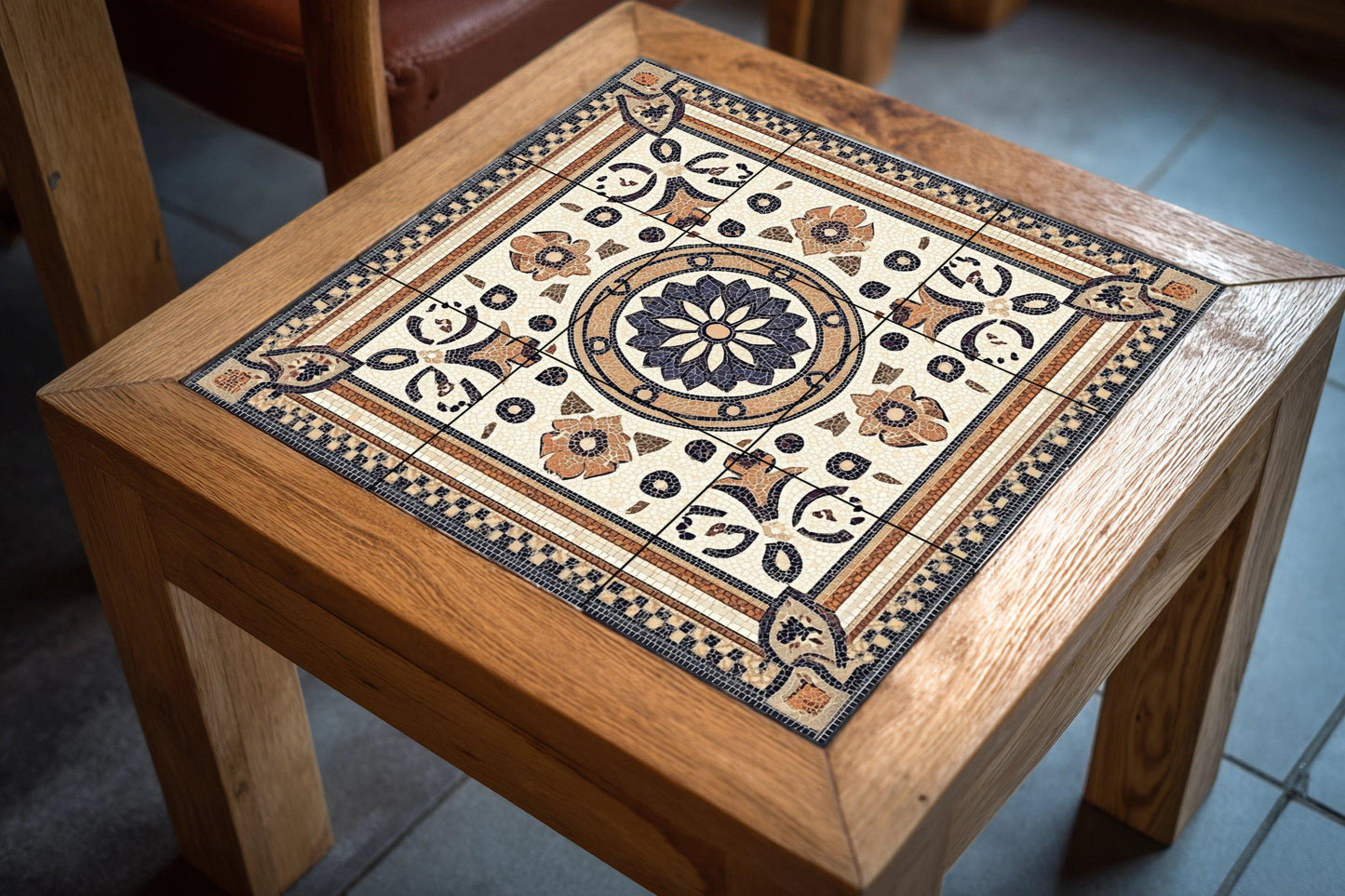 Roman mosaic ceramic mural: classic work with imperial geometric borders, floral medallion and design inspired by ancient Rome.