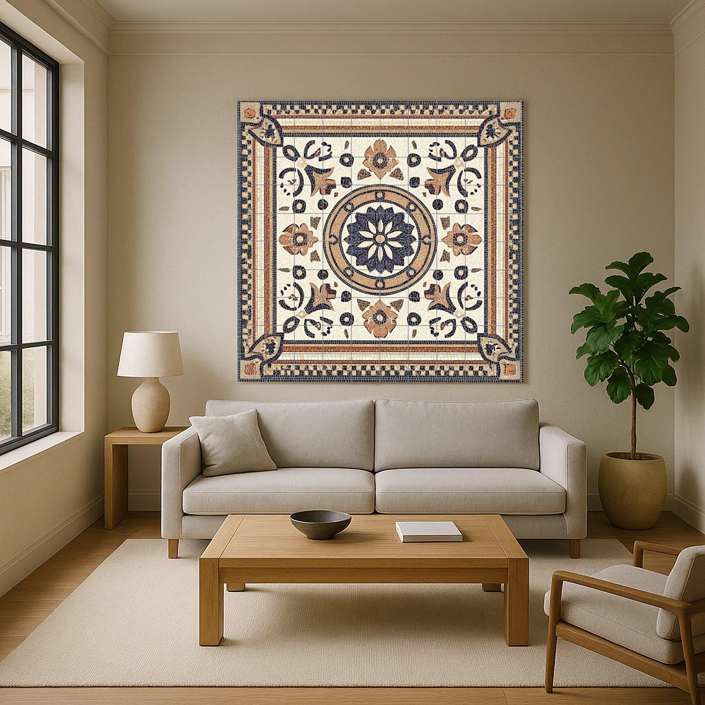 Roman mosaic ceramic mural: classic work with imperial geometric borders, floral medallion and design inspired by ancient Rome.