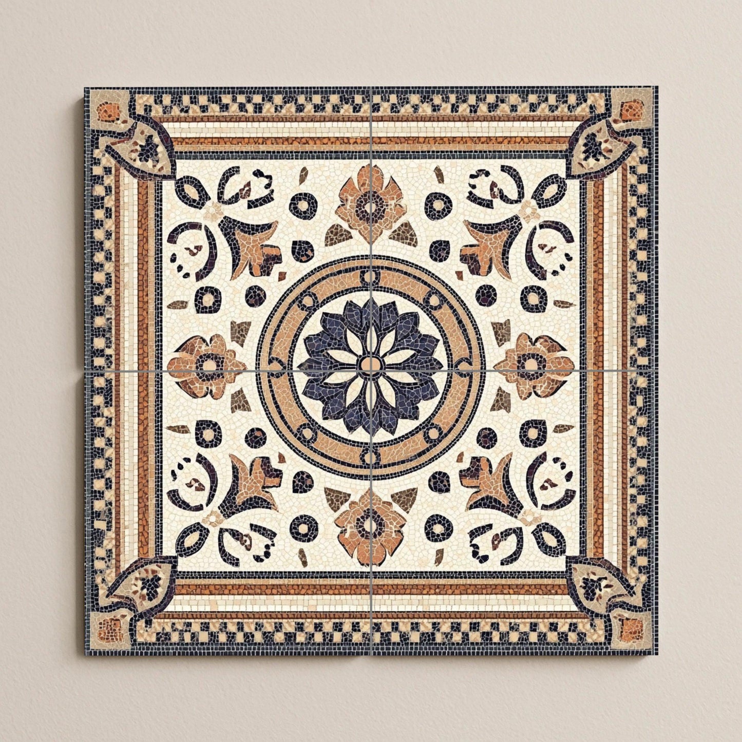 Roman mosaic ceramic mural: classic work with imperial geometric borders, floral medallion and design inspired by ancient Rome.