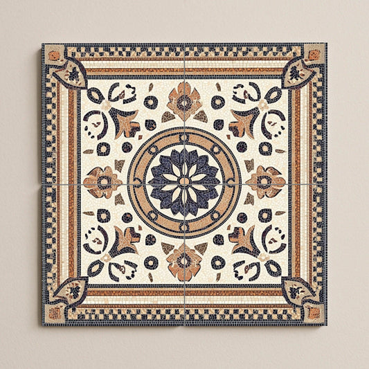Roman mosaic ceramic mural: classic work with imperial geometric borders, floral medallion and design inspired by ancient Rome.