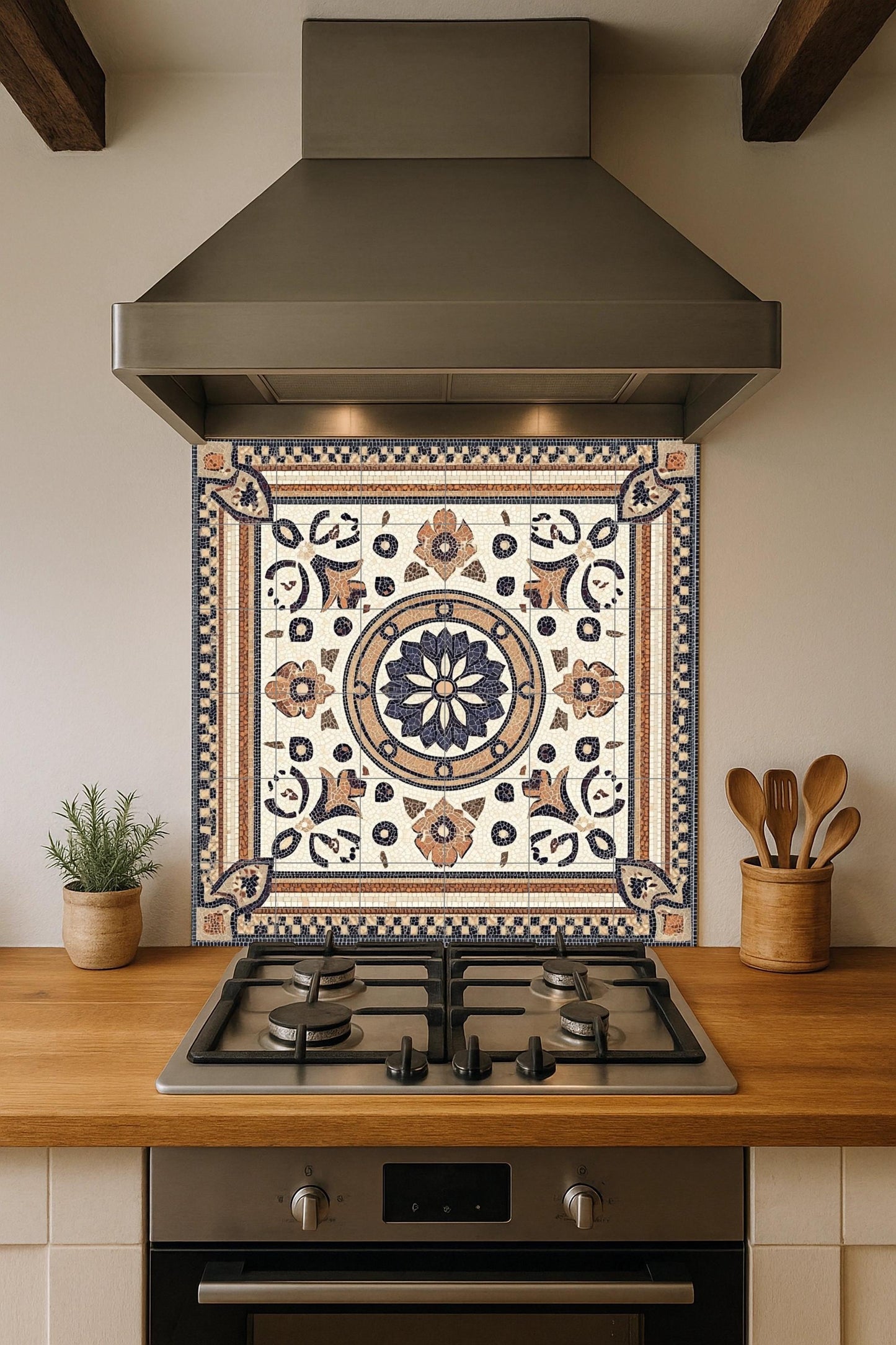 Roman mosaic ceramic mural: classic work with imperial geometric borders, floral medallion and design inspired by ancient Rome.