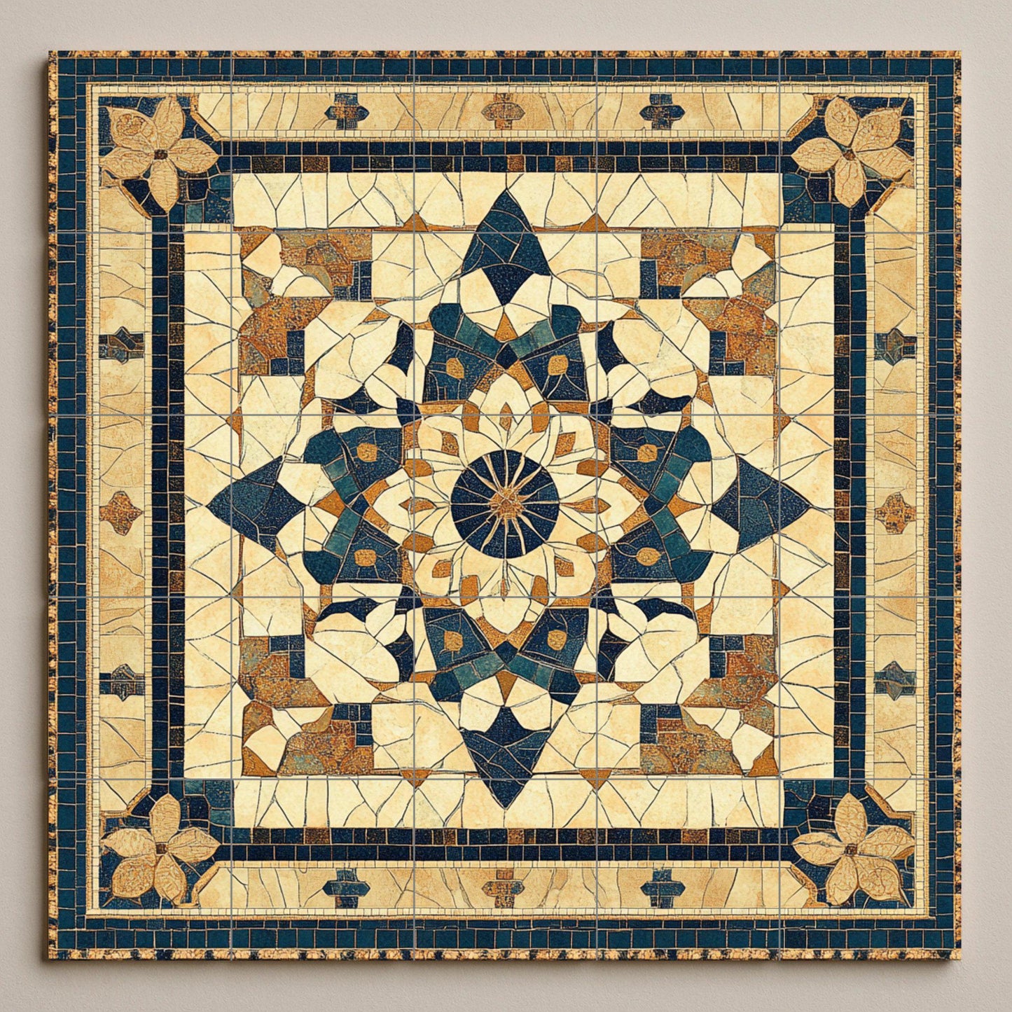 Petra ceramic mosaic mural: artwork inspired by the Jordanian desert with geometric arabesques, Romano-Byzantine floral motifs and sandstone.