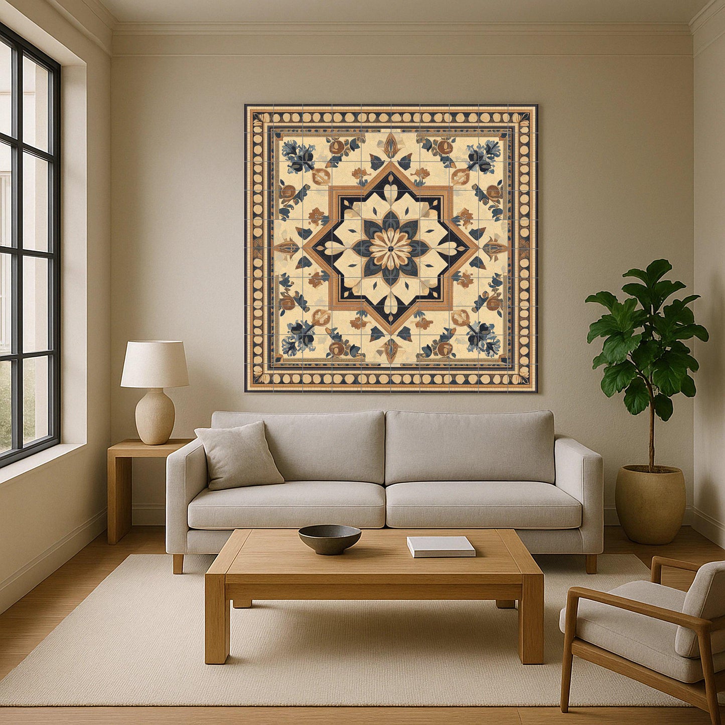 Ceramic mural in desert tones: artwork inspired by Jordanian mosaics with Greco-Arabic geometry, floral ornaments and Byzantine frame.