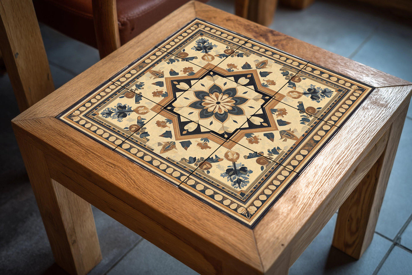 Ceramic mural in desert tones: artwork inspired by Jordanian mosaics with Greco-Arabic geometry, floral ornaments and Byzantine frame.
