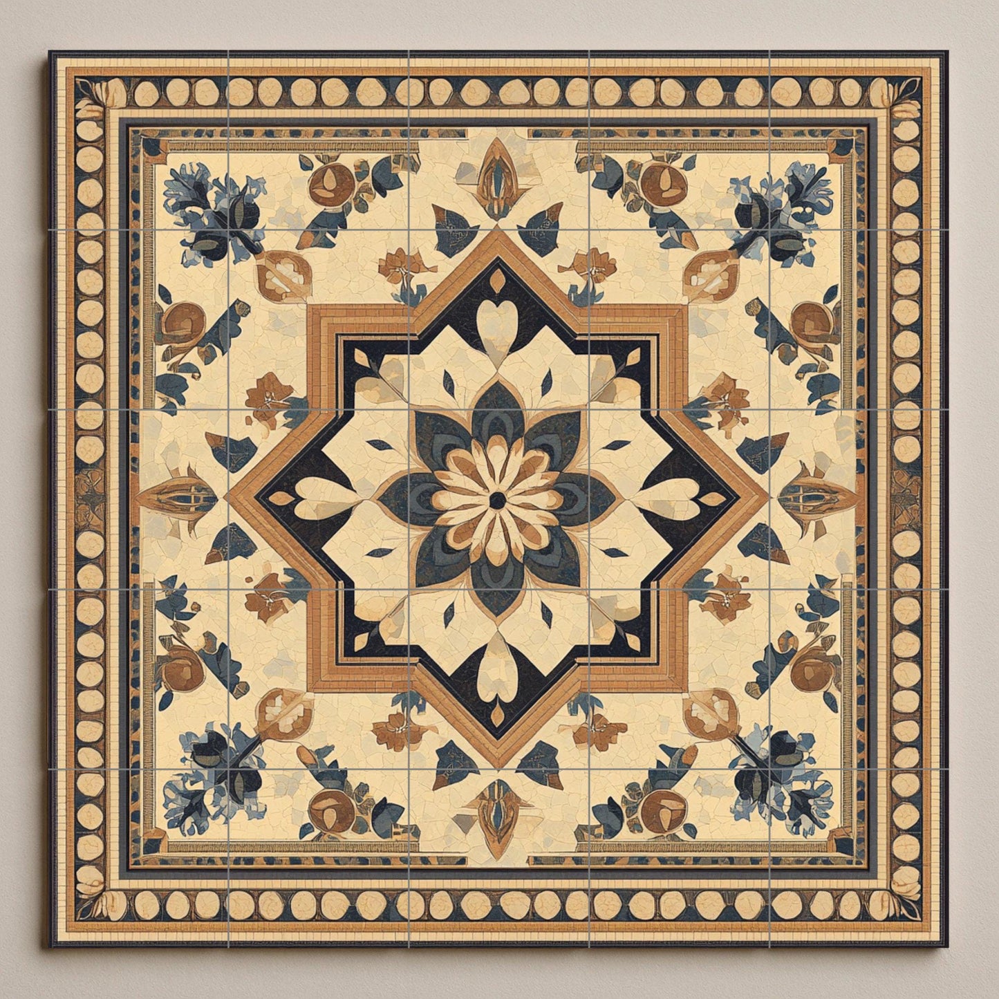 Ceramic mural in desert tones: artwork inspired by Jordanian mosaics with Greco-Arabic geometry, floral ornaments and Byzantine frame.