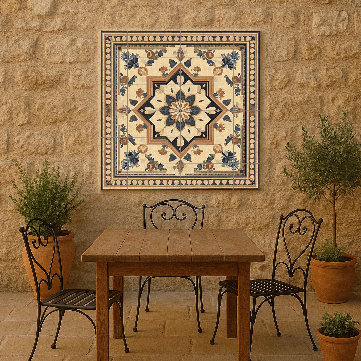 Ceramic mural in desert tones: artwork inspired by Jordanian mosaics with Greco-Arabic geometry, floral ornaments and Byzantine frame.