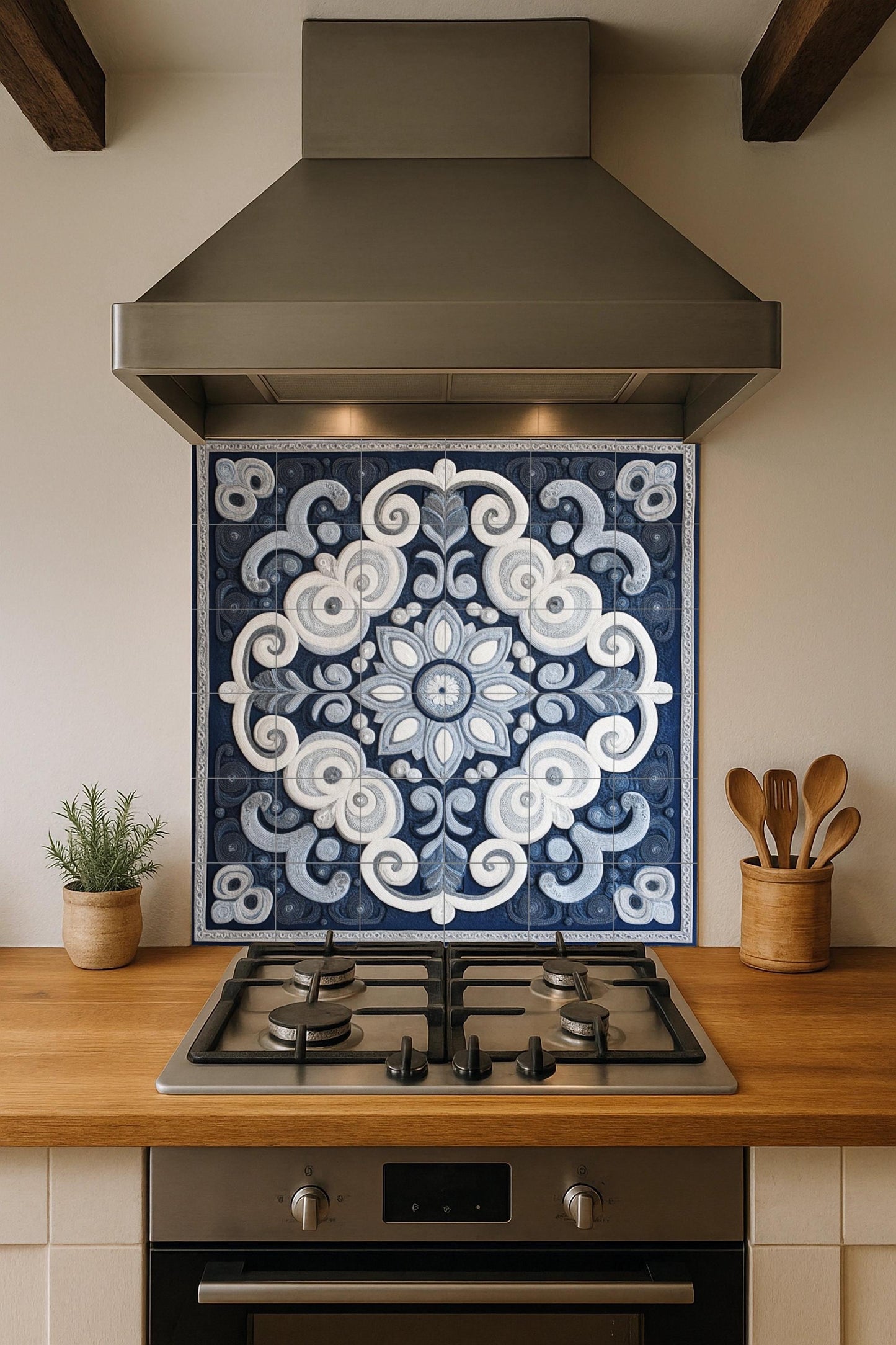 Blue and white ceramic mural: ornamental mandala mosaic artwork with abstract spiral patterns and elegant decorative symmetry.