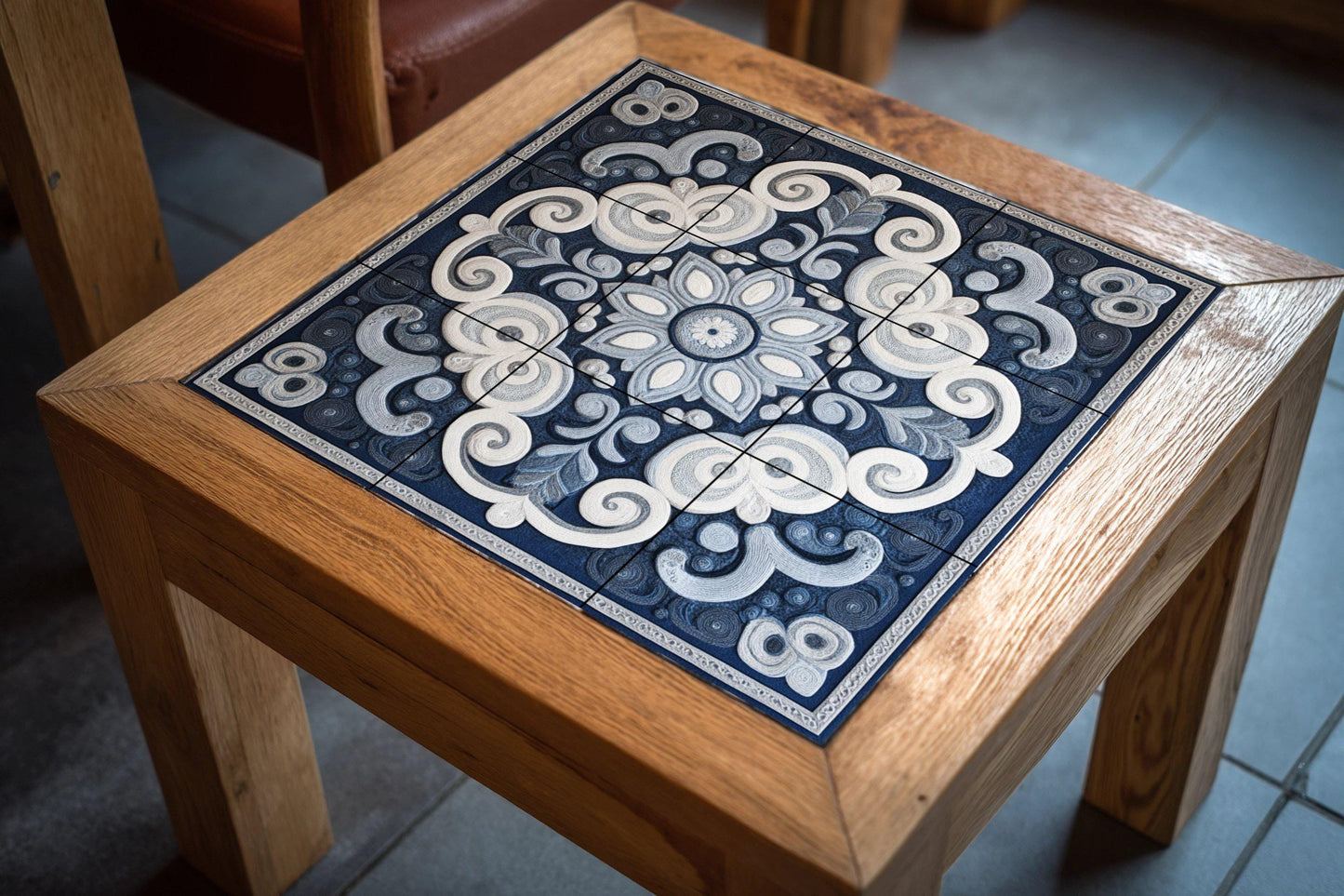 Blue and white ceramic mural: ornamental mandala mosaic artwork with abstract spiral patterns and elegant decorative symmetry.