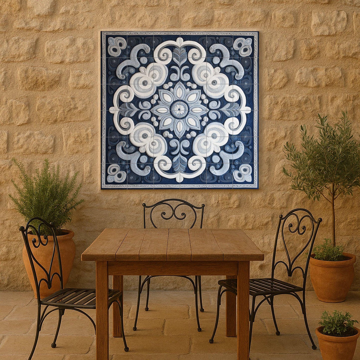 Blue and white ceramic mural: ornamental mandala mosaic artwork with abstract spiral patterns and elegant decorative symmetry.