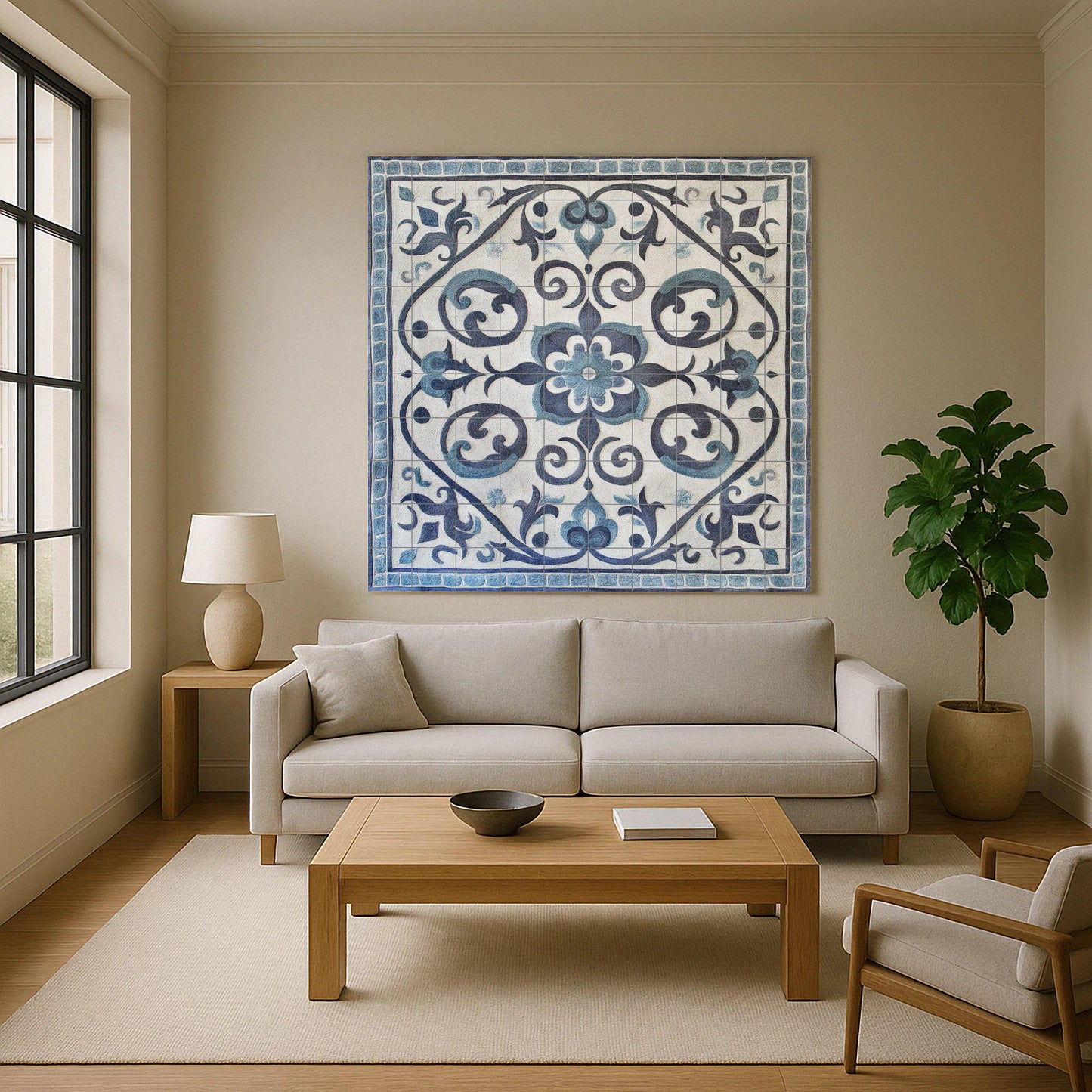 Gray and blue ceramic mural: Kazakh-inspired tile artwork featuring spiral ornamental motifs and a tribal yurt border design.