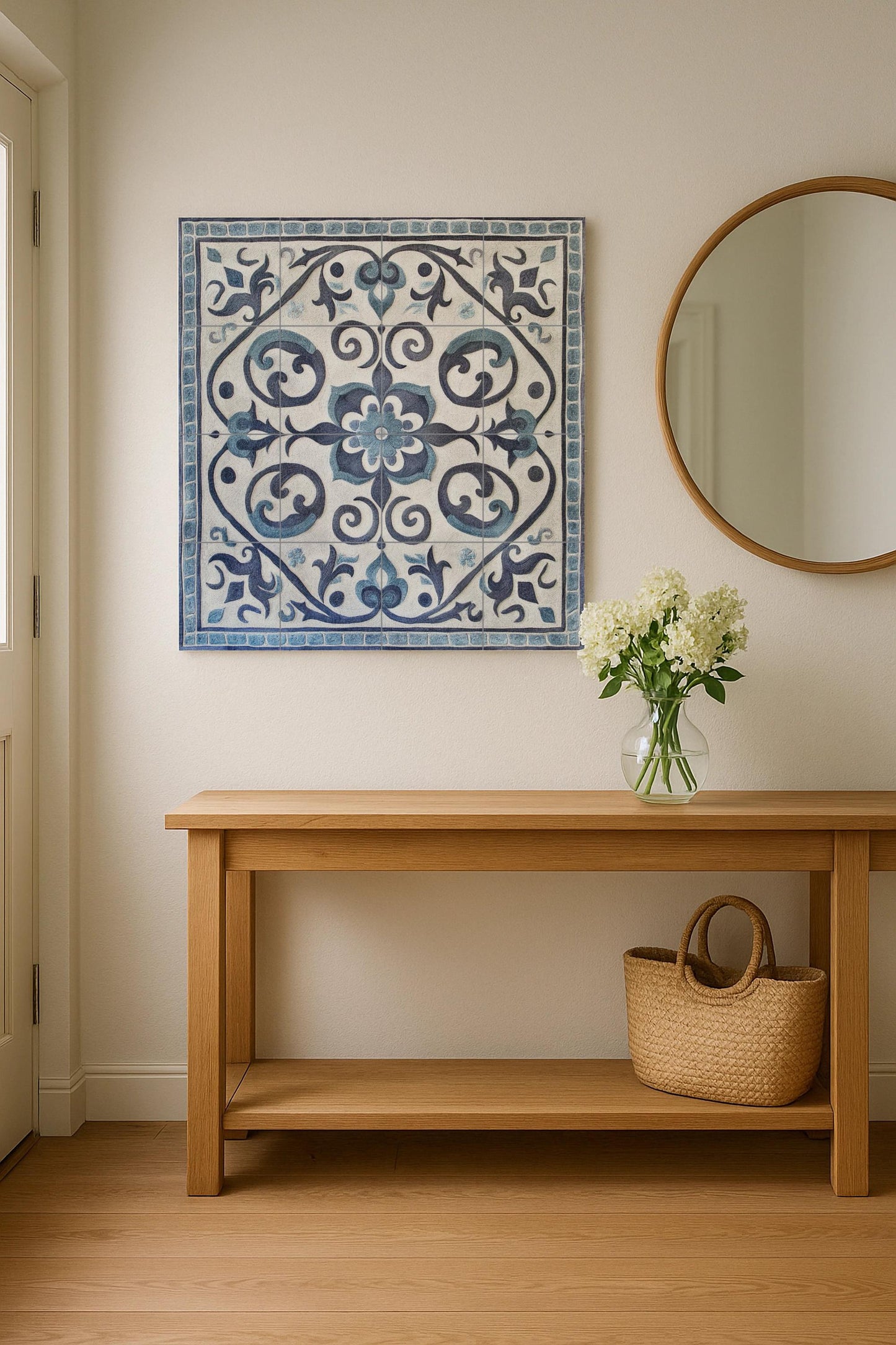Gray and blue ceramic mural: Kazakh-inspired tile artwork featuring spiral ornamental motifs and a tribal yurt border design.
