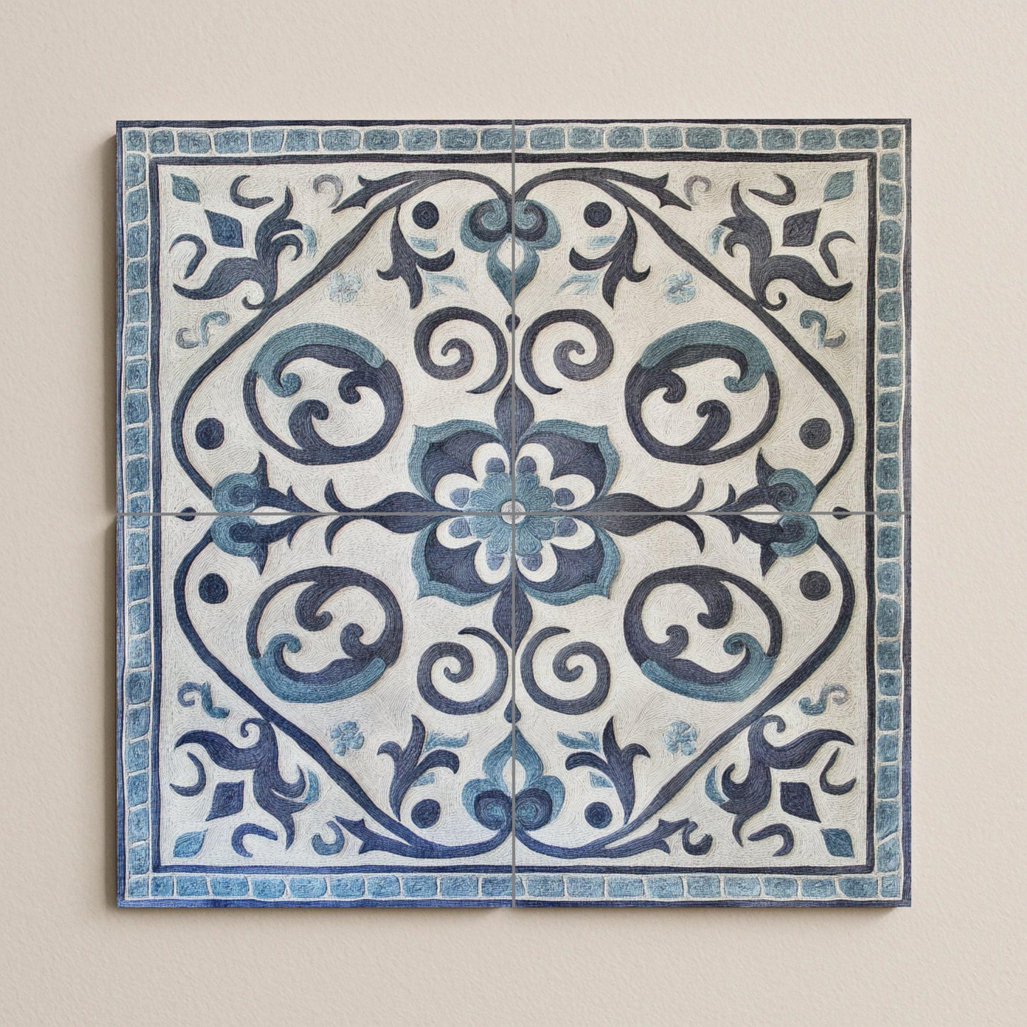 Gray and blue ceramic mural: Kazakh-inspired tile artwork featuring spiral ornamental motifs and a tribal yurt border design.