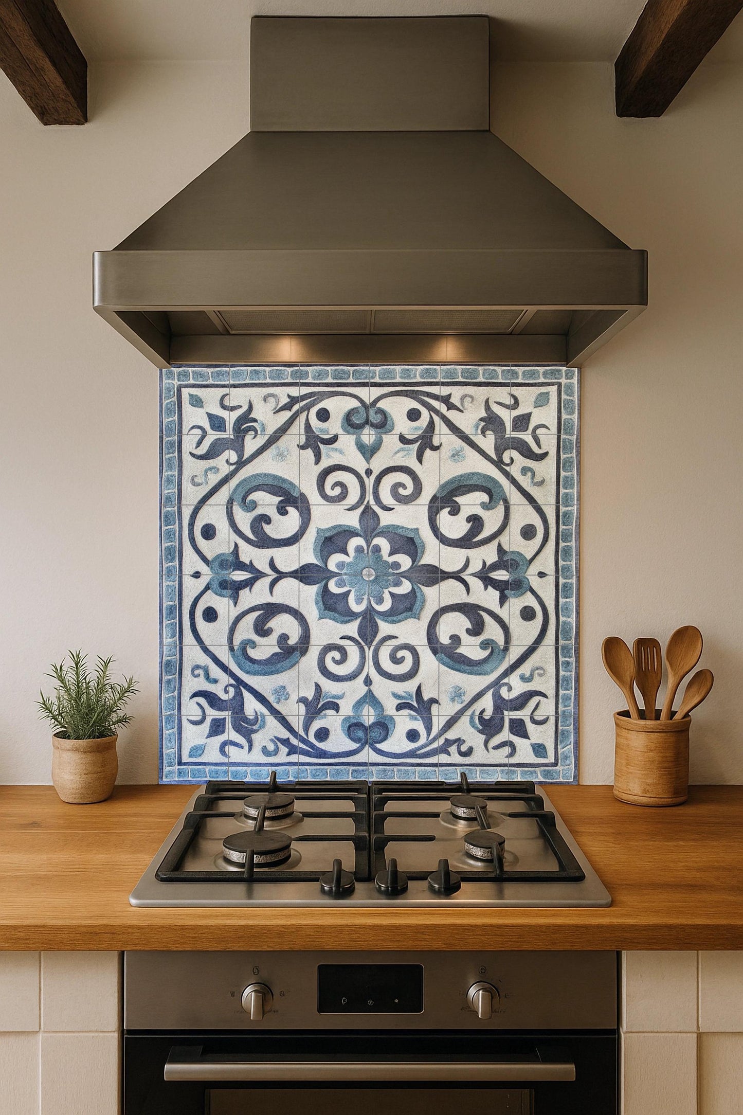 Gray and blue ceramic mural: Kazakh-inspired tile artwork featuring spiral ornamental motifs and a tribal yurt border design.