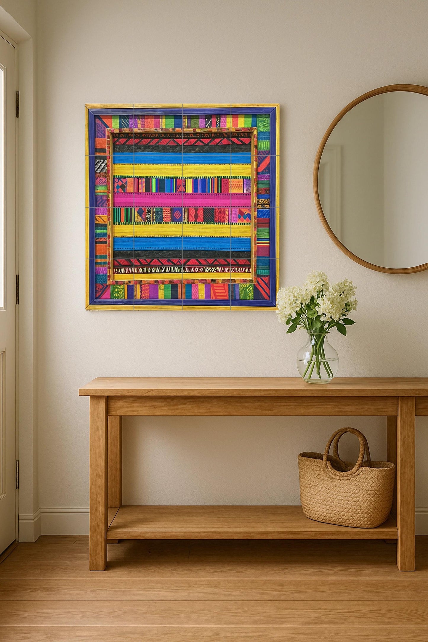 Colorful striped ceramic mural: tile artwork inspired by Kenyan kikoy style with tribal geometric accents and a vibrant textile border design.