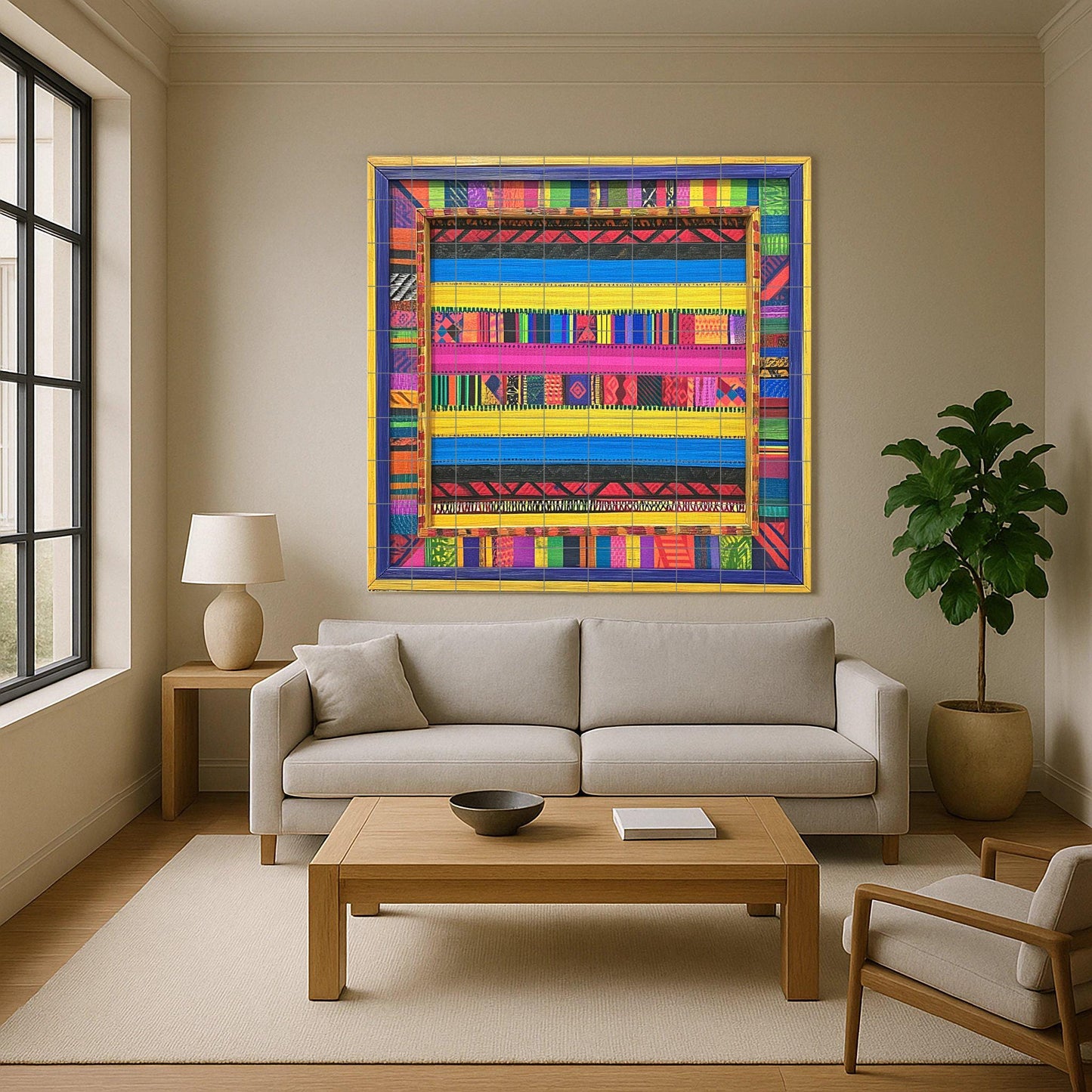 Colorful striped ceramic mural: tile artwork inspired by Kenyan kikoy style with tribal geometric accents and a vibrant textile border design.