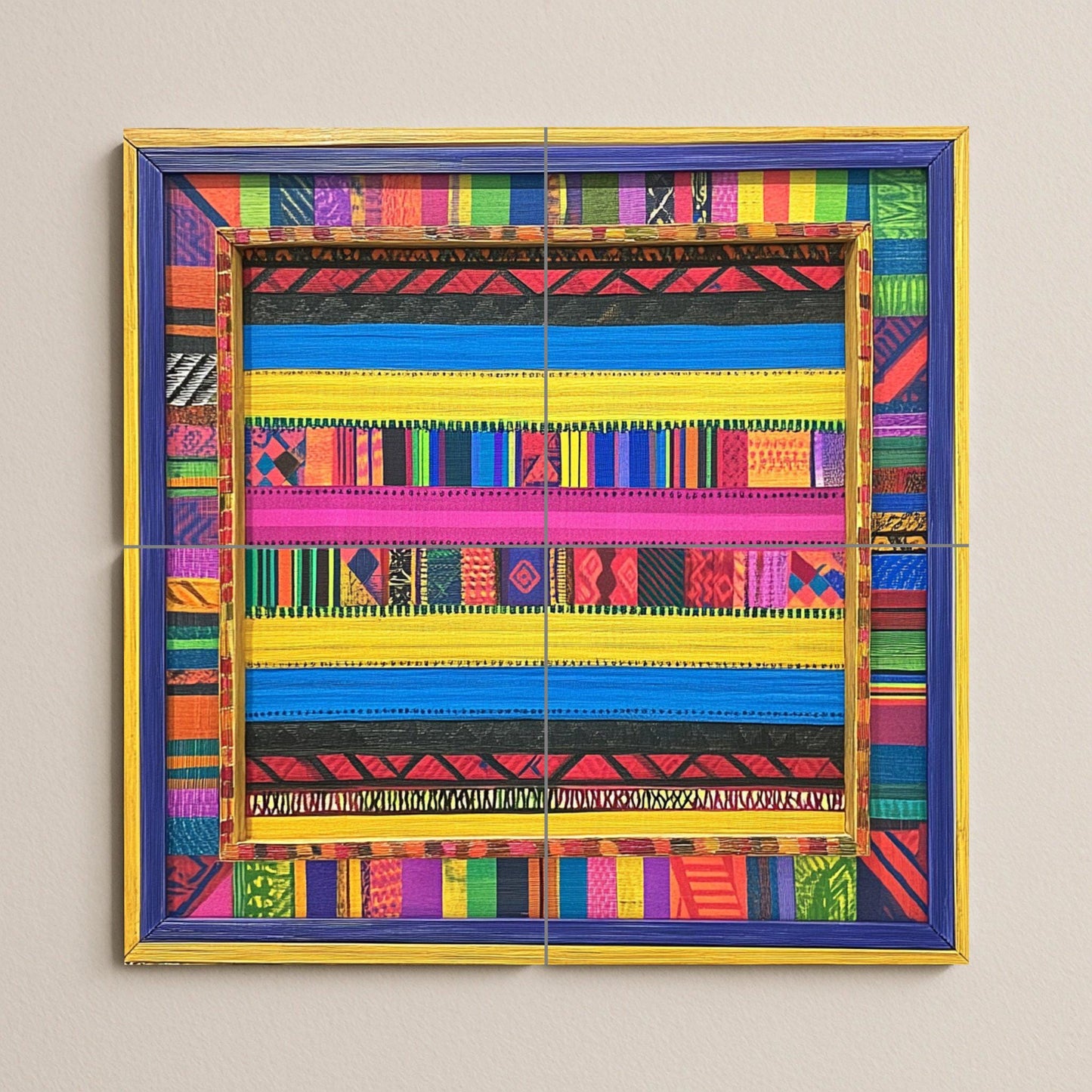 Colorful striped ceramic mural: tile artwork inspired by Kenyan kikoy style with tribal geometric accents and a vibrant textile border design.