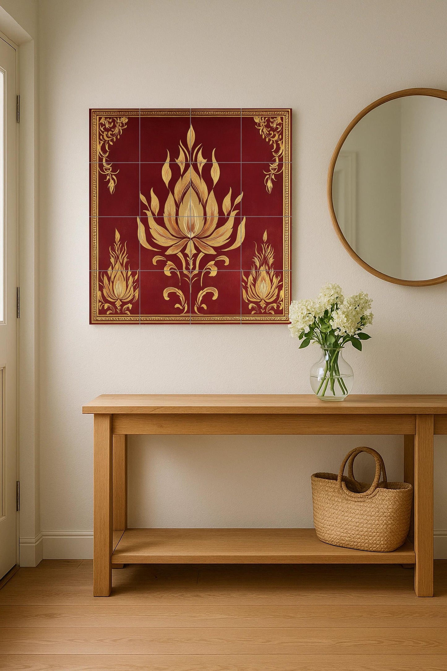 Golden Lotus Ceramic Mural: tile artwork inspired by a Khmer temple with flame motifs, maroon background and ornamental borders from Angkor.