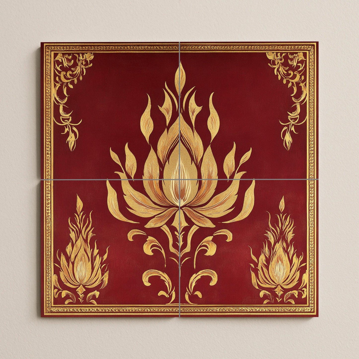 Golden Lotus Ceramic Mural: tile artwork inspired by a Khmer temple with flame motifs, maroon background and ornamental borders from Angkor.