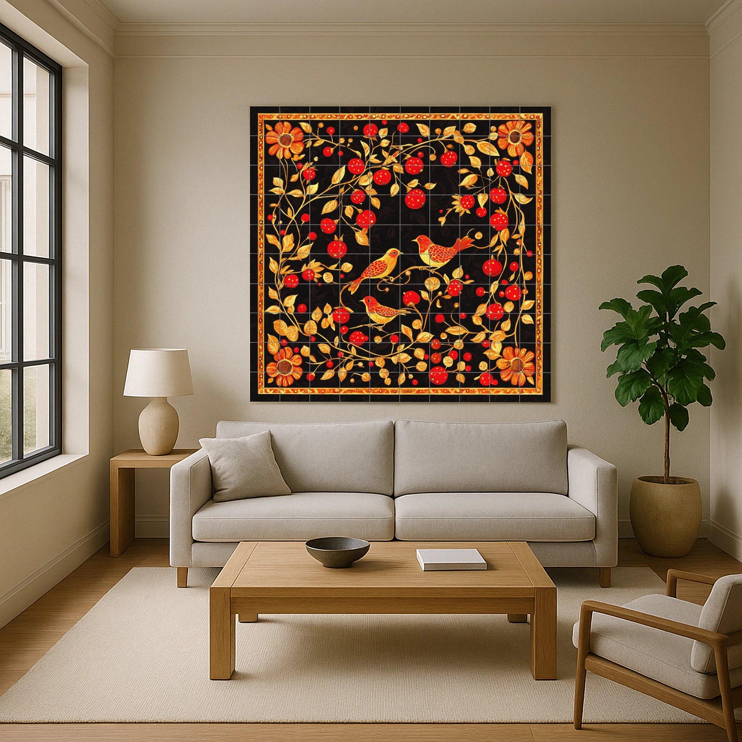 Black and gold ceramic mural: Khokhloma folk-inspired tile artwork featuring red berries, golden birds and ornamental vines.