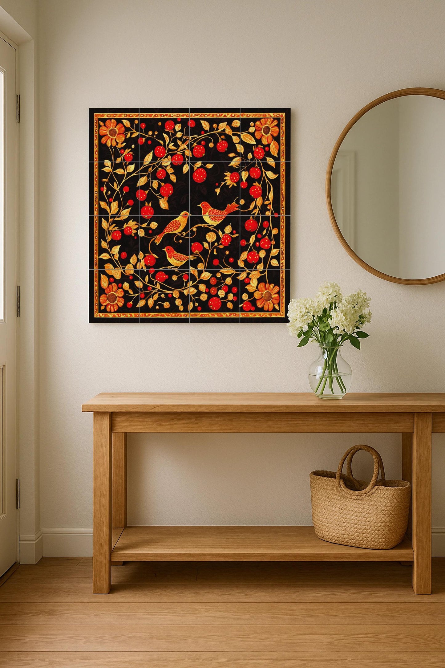 Black and gold ceramic mural: Khokhloma folk-inspired tile artwork featuring red berries, golden birds and ornamental vines.