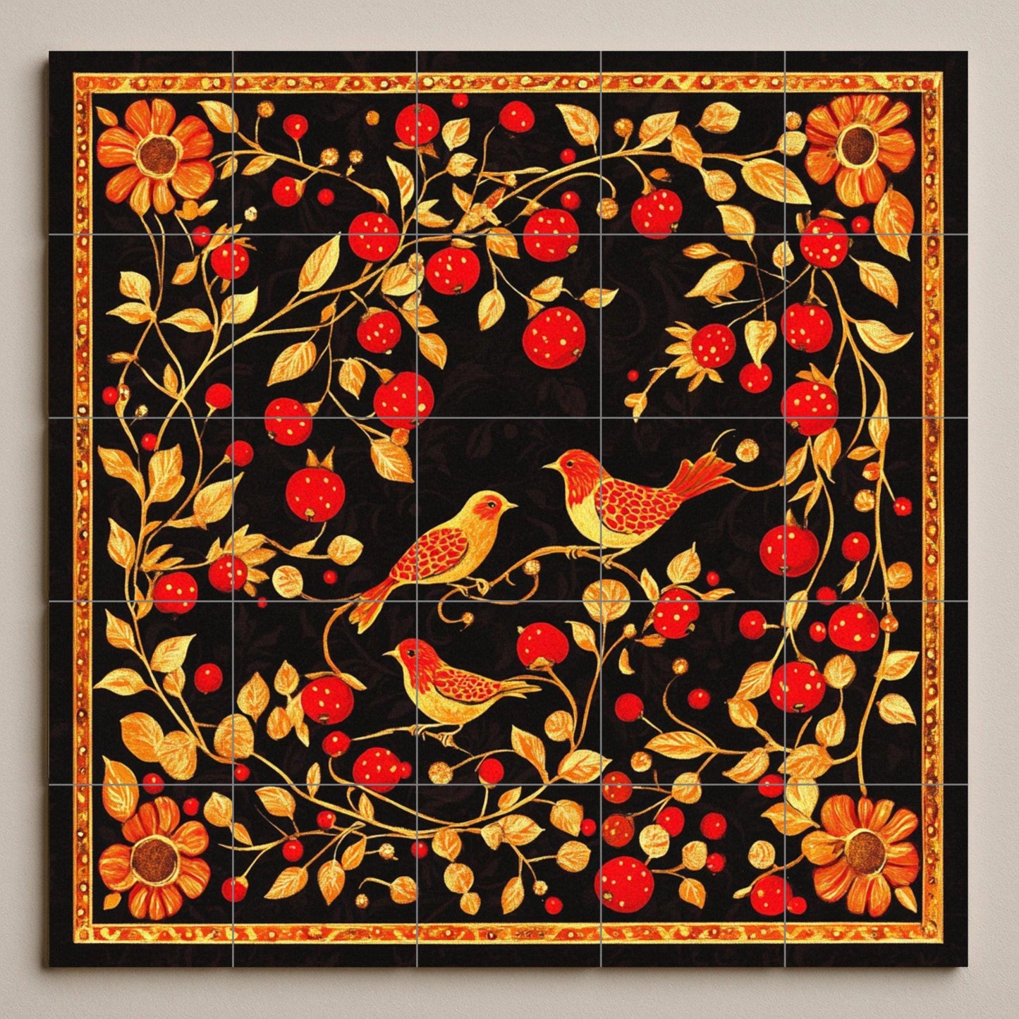 Black and gold ceramic mural: Khokhloma folk-inspired tile artwork featuring red berries, golden birds and ornamental vines.