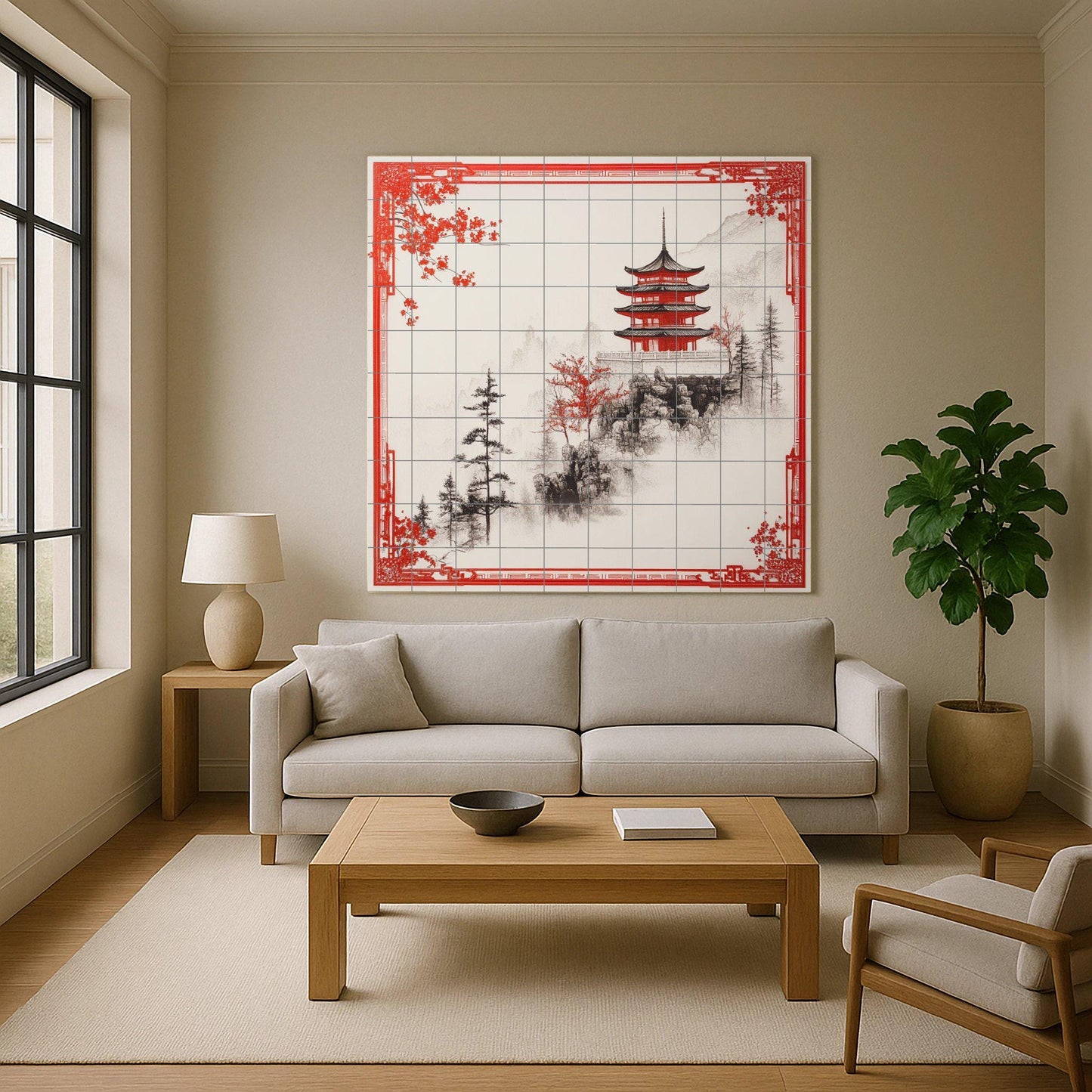 Red Pagoda ceramic mural: mountain tile artwork featuring a misty landscape, oriental pines, and elegant architectural design.