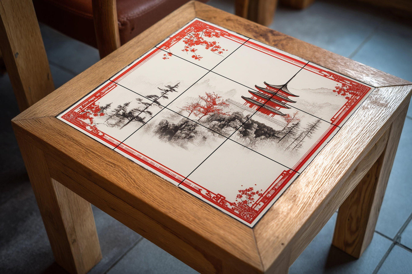 Red Pagoda ceramic mural: mountain tile artwork featuring a misty landscape, oriental pines, and elegant architectural design.