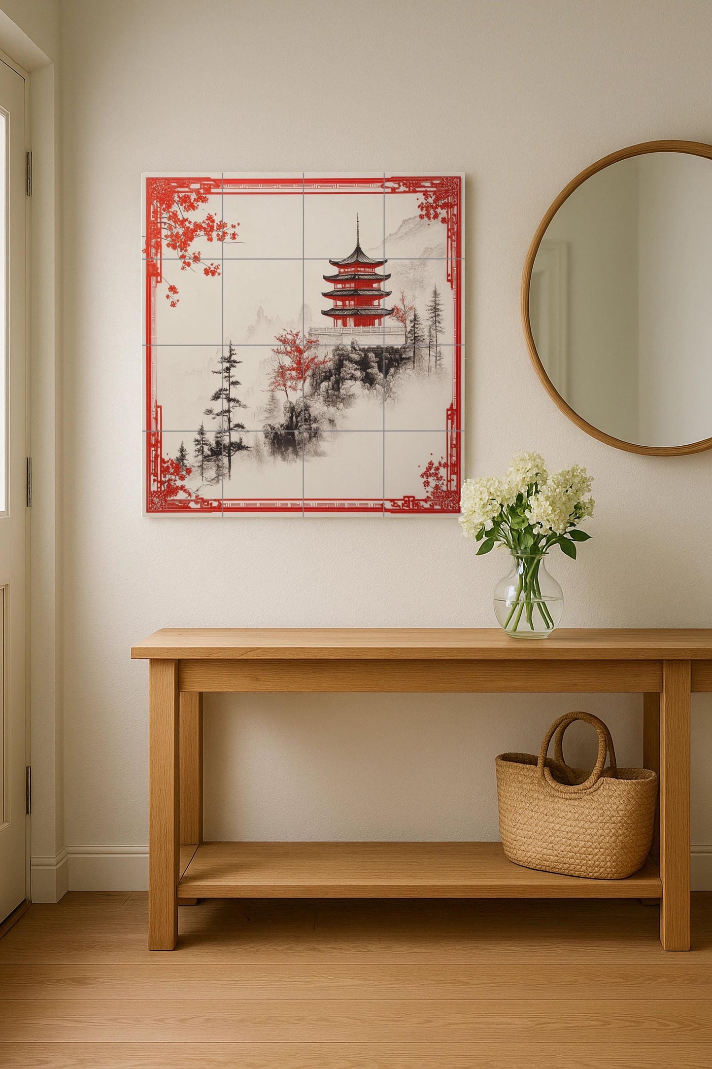 Red Pagoda ceramic mural: mountain tile artwork featuring a misty landscape, oriental pines, and elegant architectural design.
