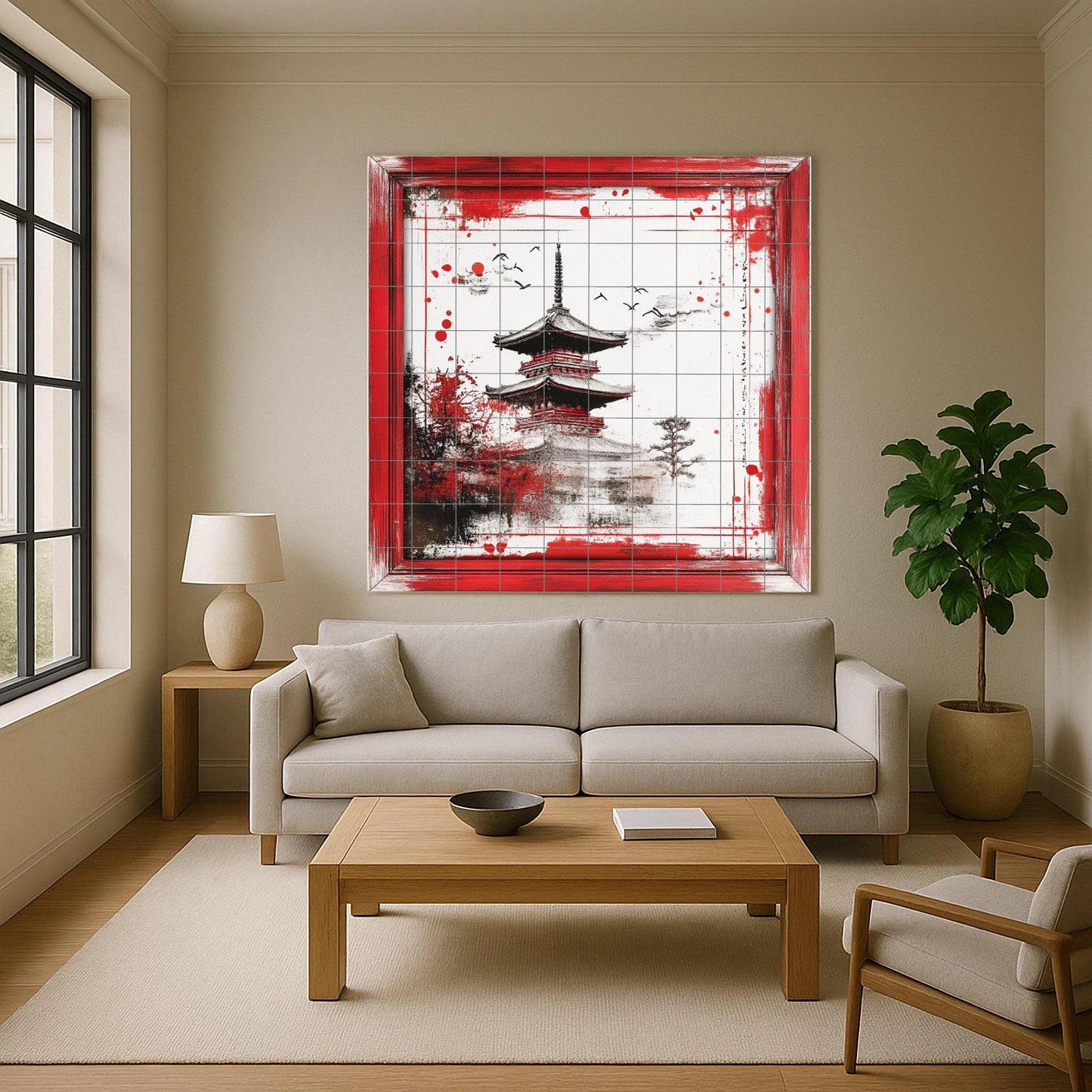 Japanese pagoda ceramic mural: artwork on red and black ink tiles with brushstroke borders and an elegant Zen landscape.