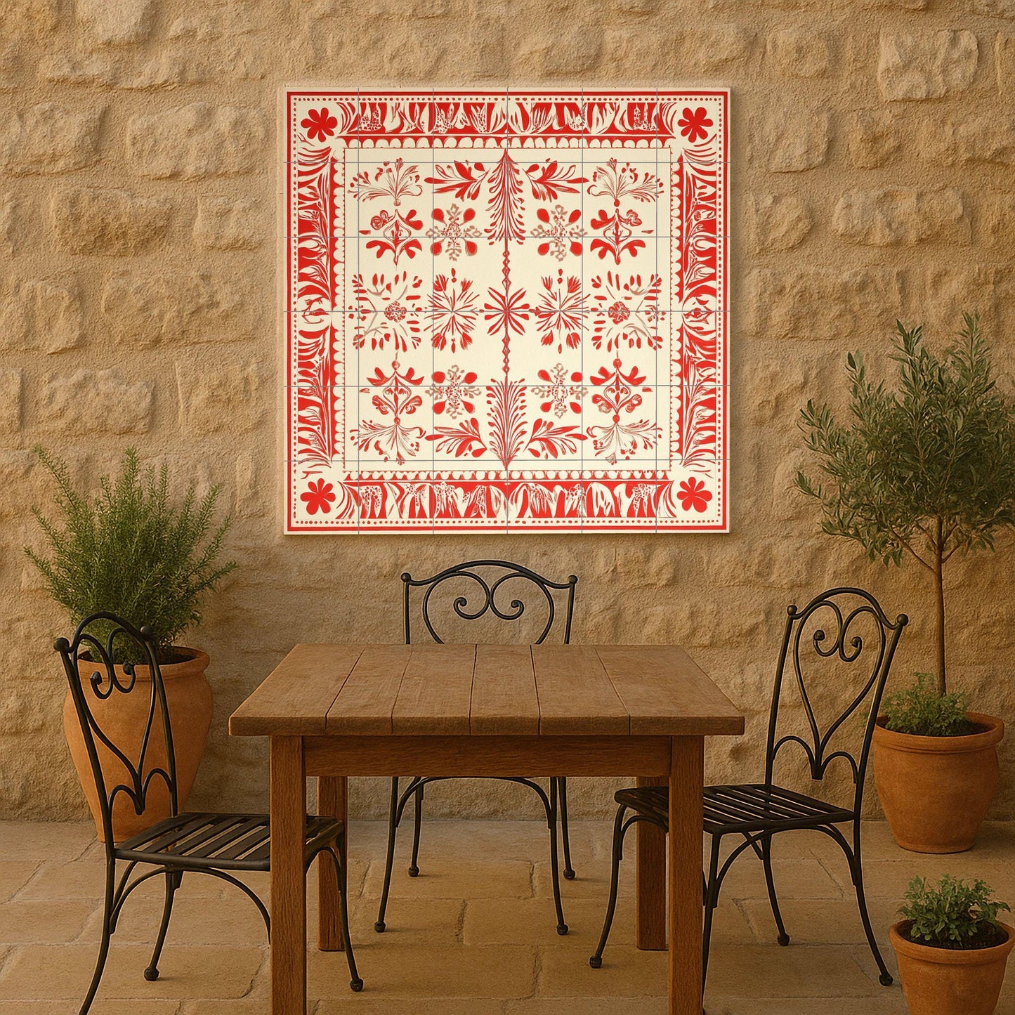 Red and white ceramic mural: Baltic folk-inspired tile artwork with Latvian Lielvārde sash motifs and ornamental textile borders.