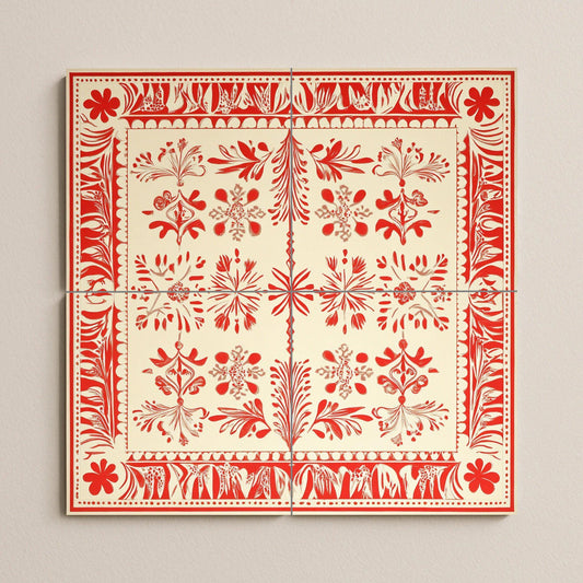 Red and white ceramic mural: Baltic folk-inspired tile artwork with Latvian Lielvārde sash motifs and ornamental textile borders.